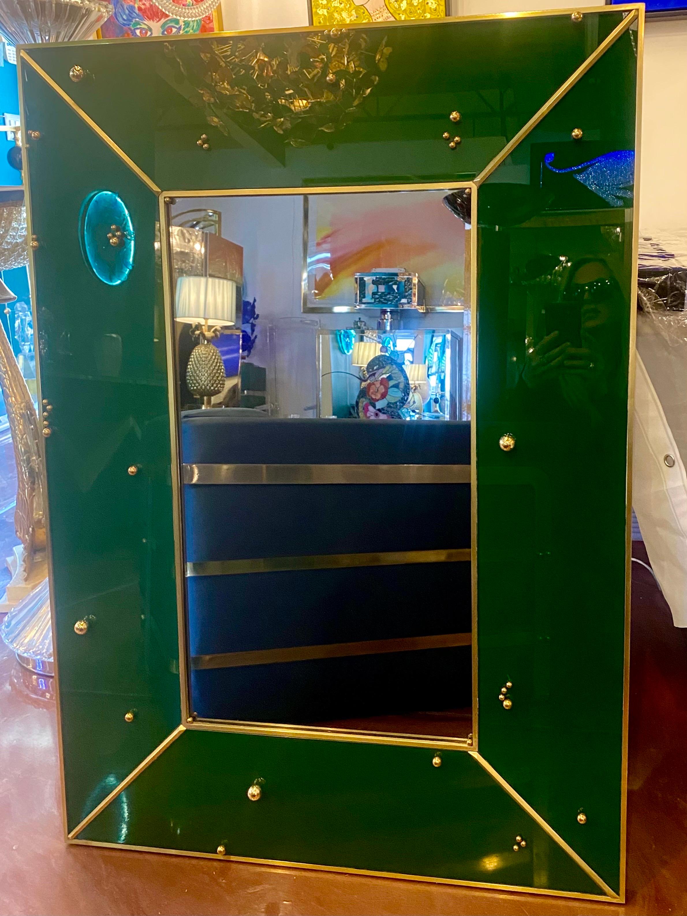 Painted Mid-Century Italian Green Glass and Brass Mirror For Sale
