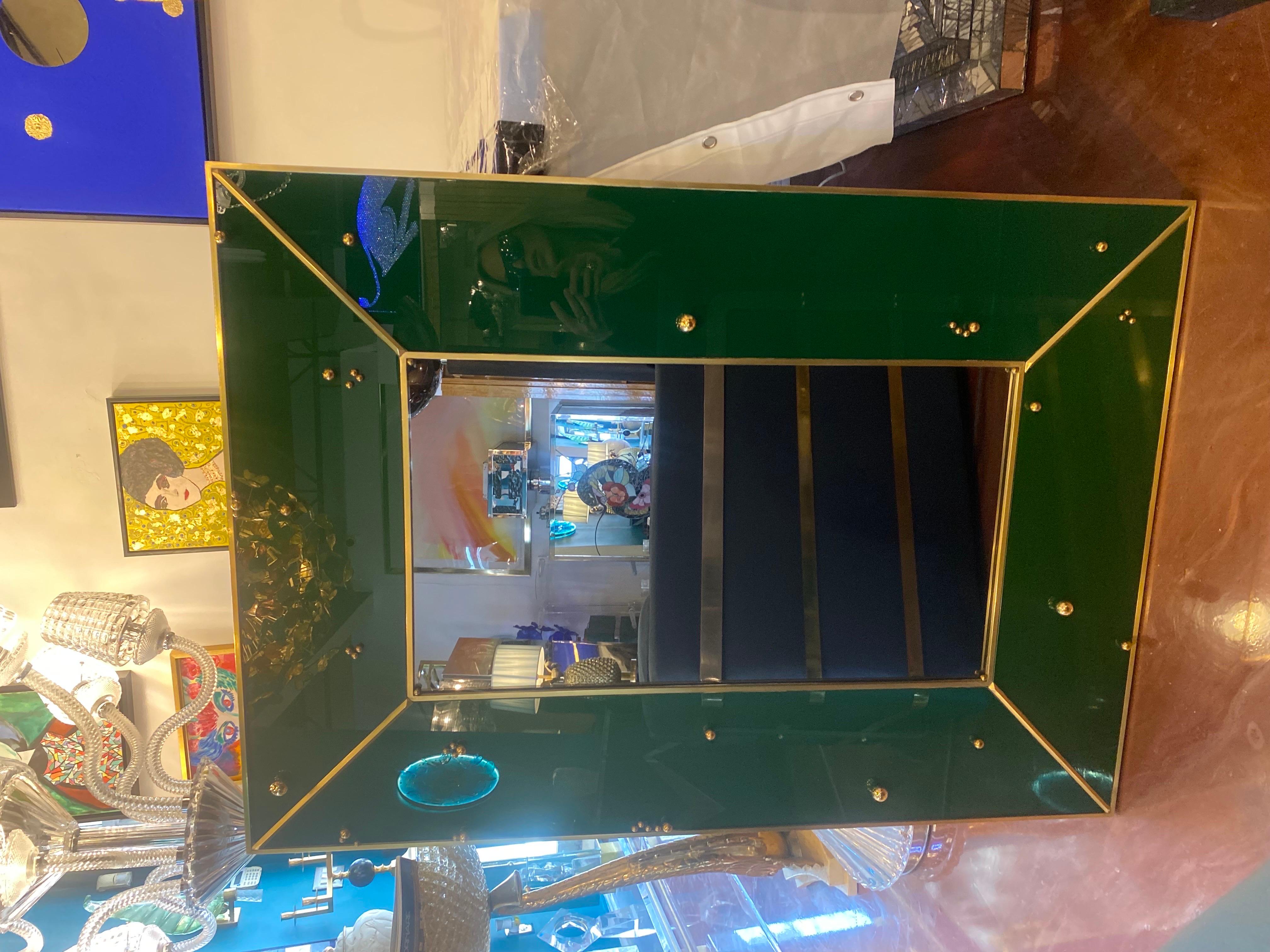 Mid-Century Italian Green Glass and Brass Mirror In Good Condition For Sale In Miami, FL