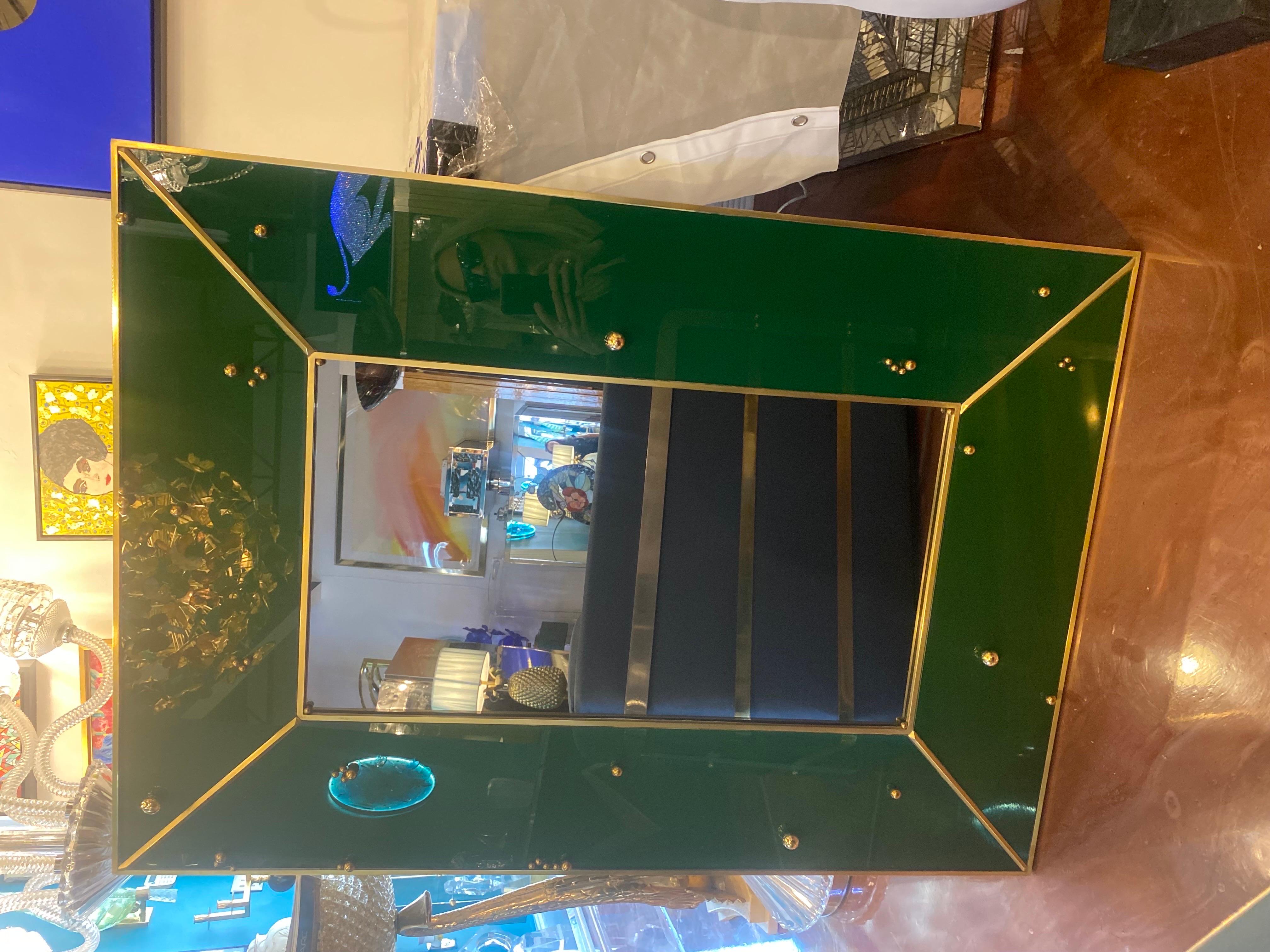 20th Century Mid-Century Italian Green Glass and Brass Mirror For Sale