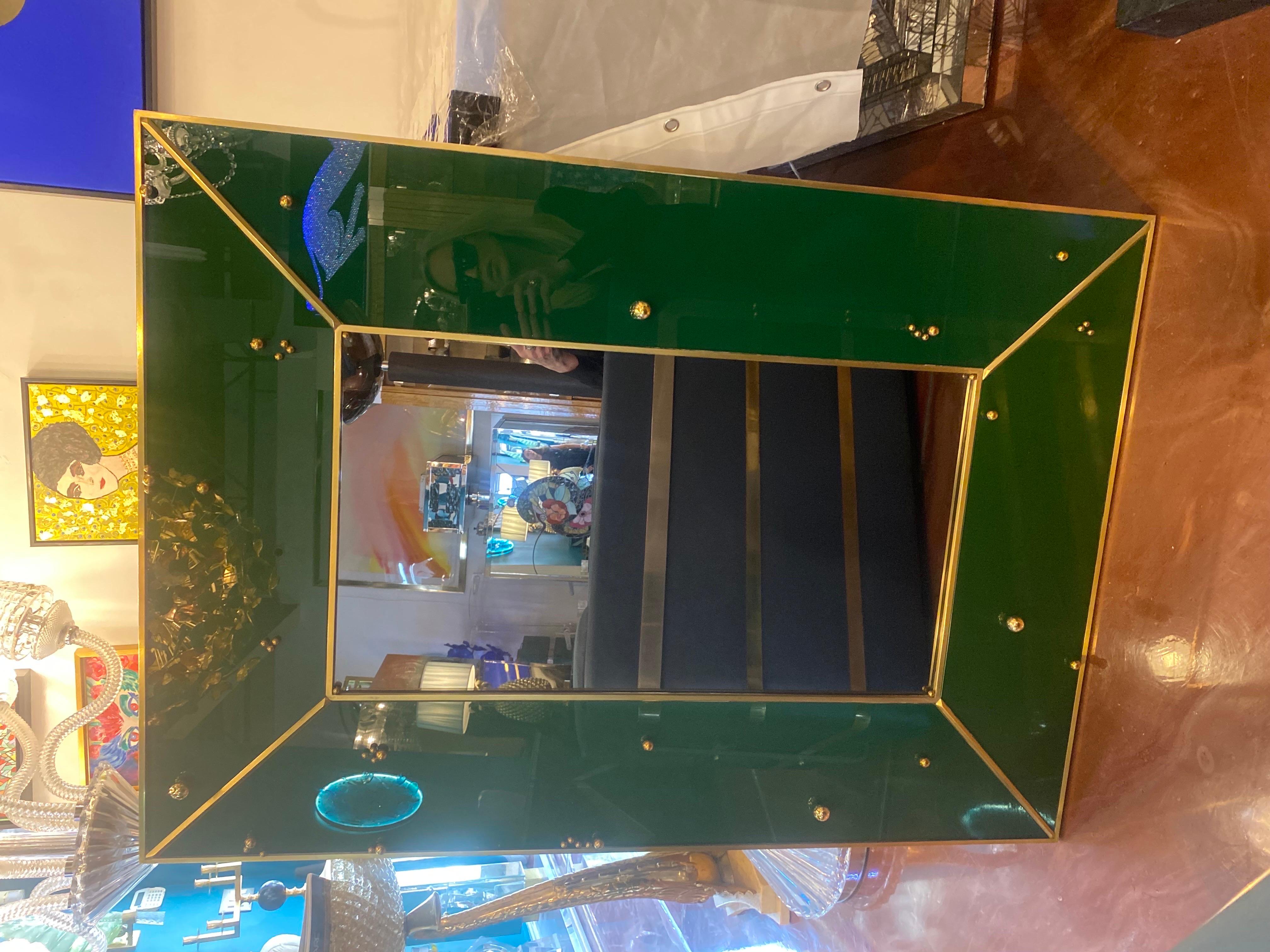 Mid-Century Italian Green Glass and Brass Mirror For Sale 1