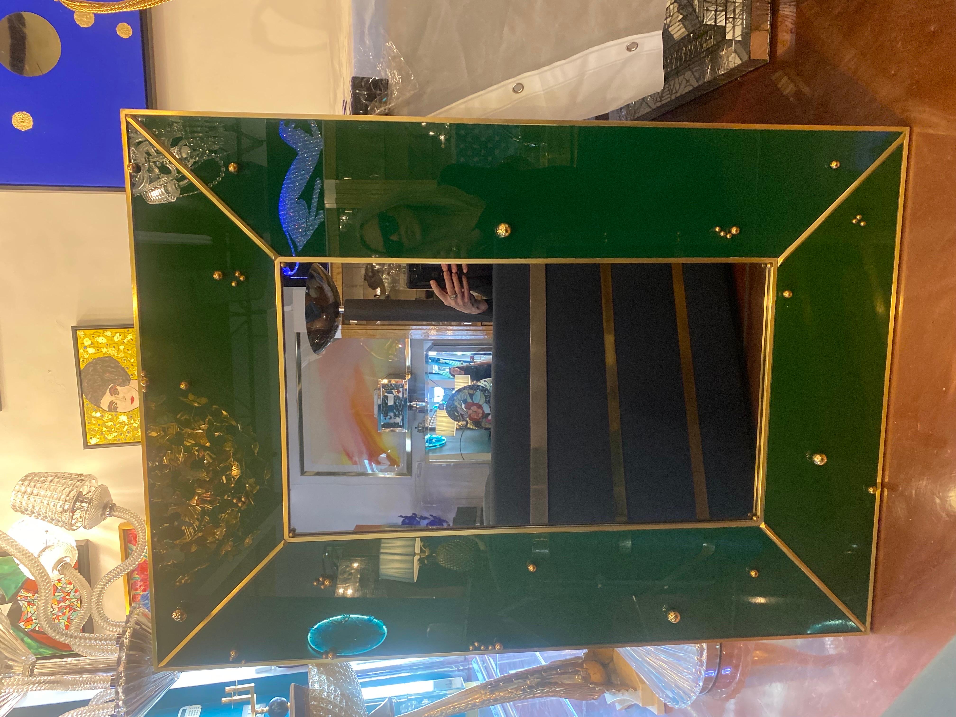 Mid-Century Italian Green Glass and Brass Mirror For Sale 2
