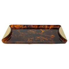 Mid-Century Italian Guzzini Serving Tray Tortoiseshell Effect Lucite and Brass
