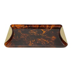 Mid-Century Italian Guzzini Serving Tray Tortoiseshell Effect Lucite and Brass
