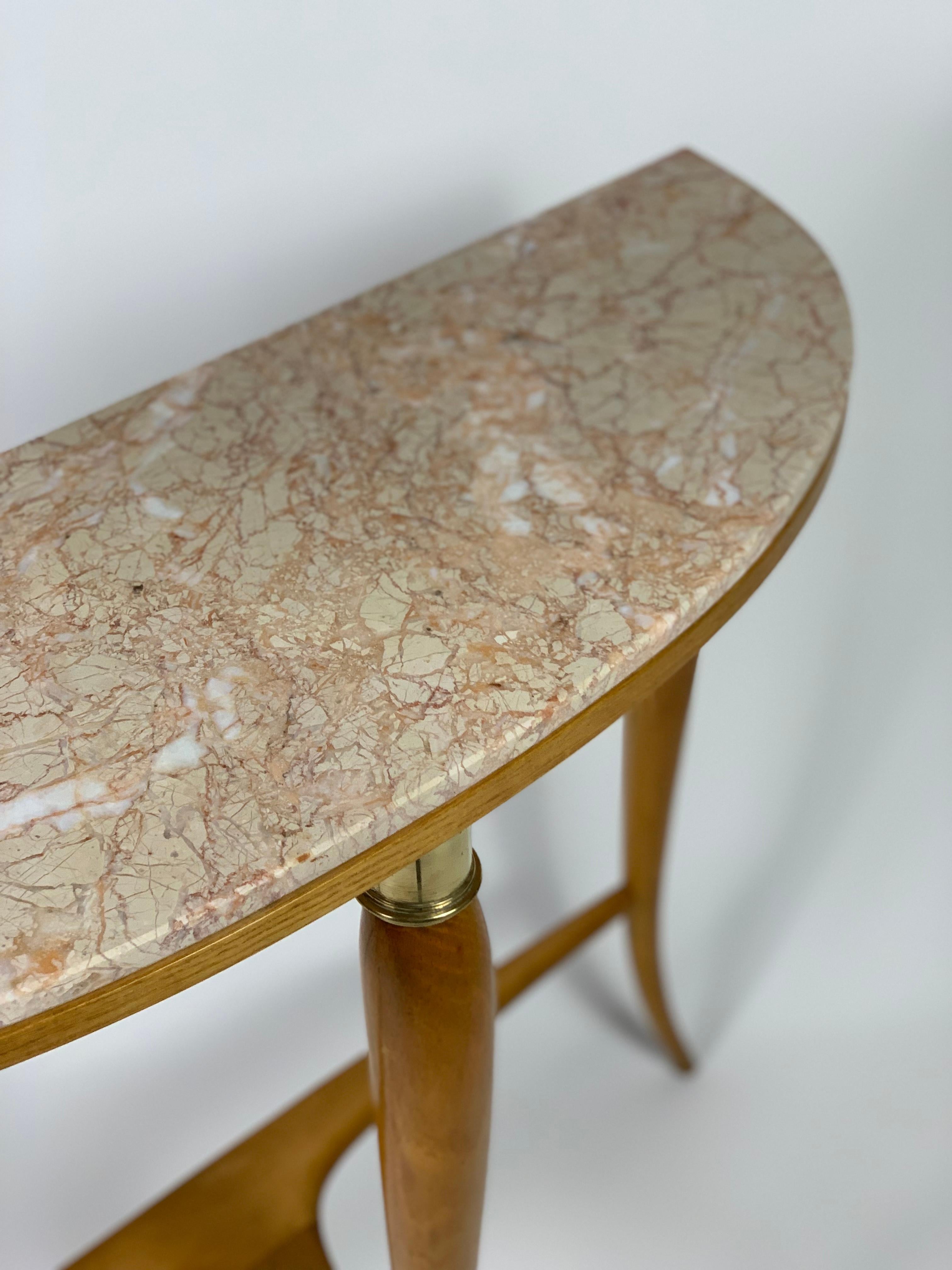 Mid Century Italian Half Moon Shaped Console Marble Top Brass Details 4