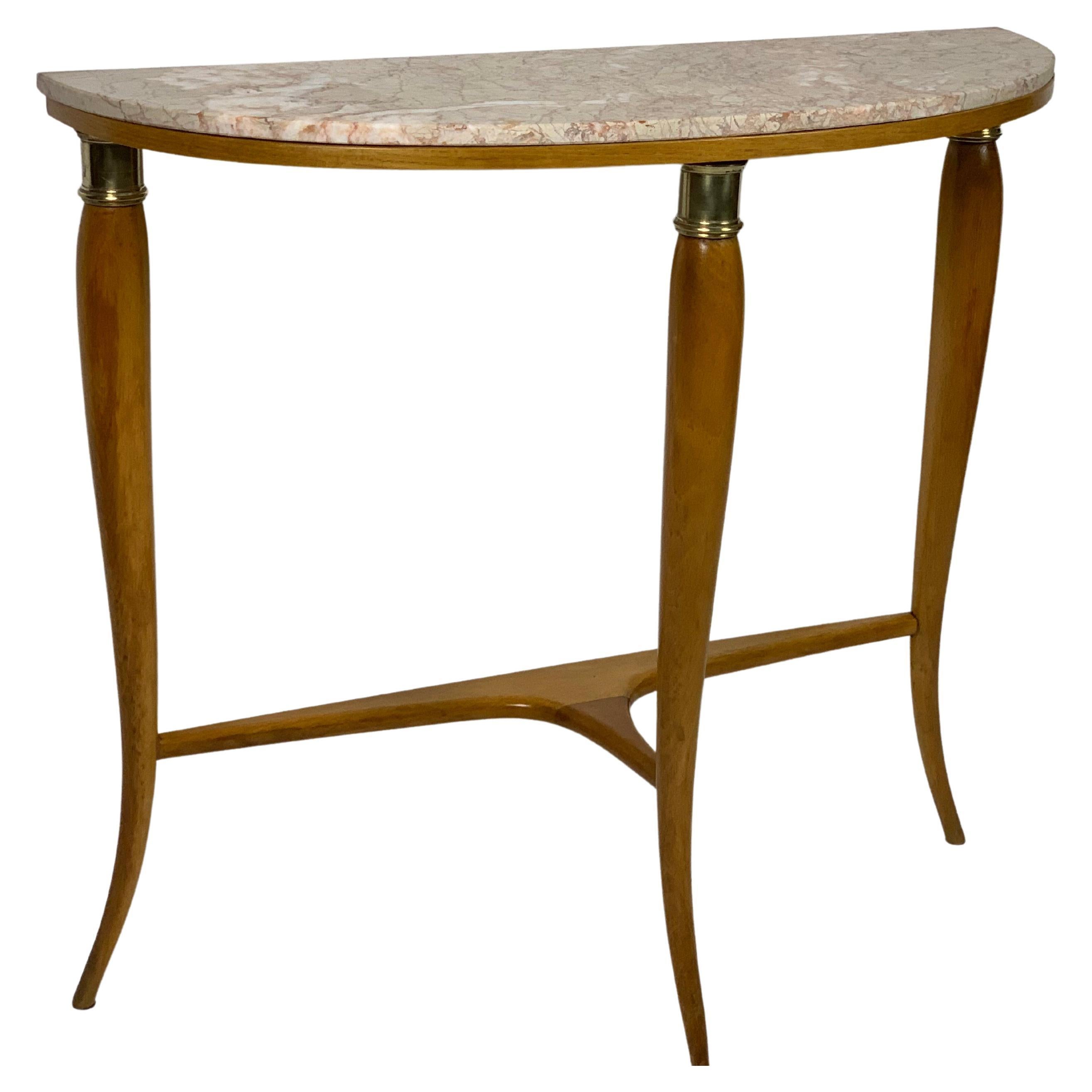 Mid Century Italian Half Moon Shaped Console Marble Top Brass Details