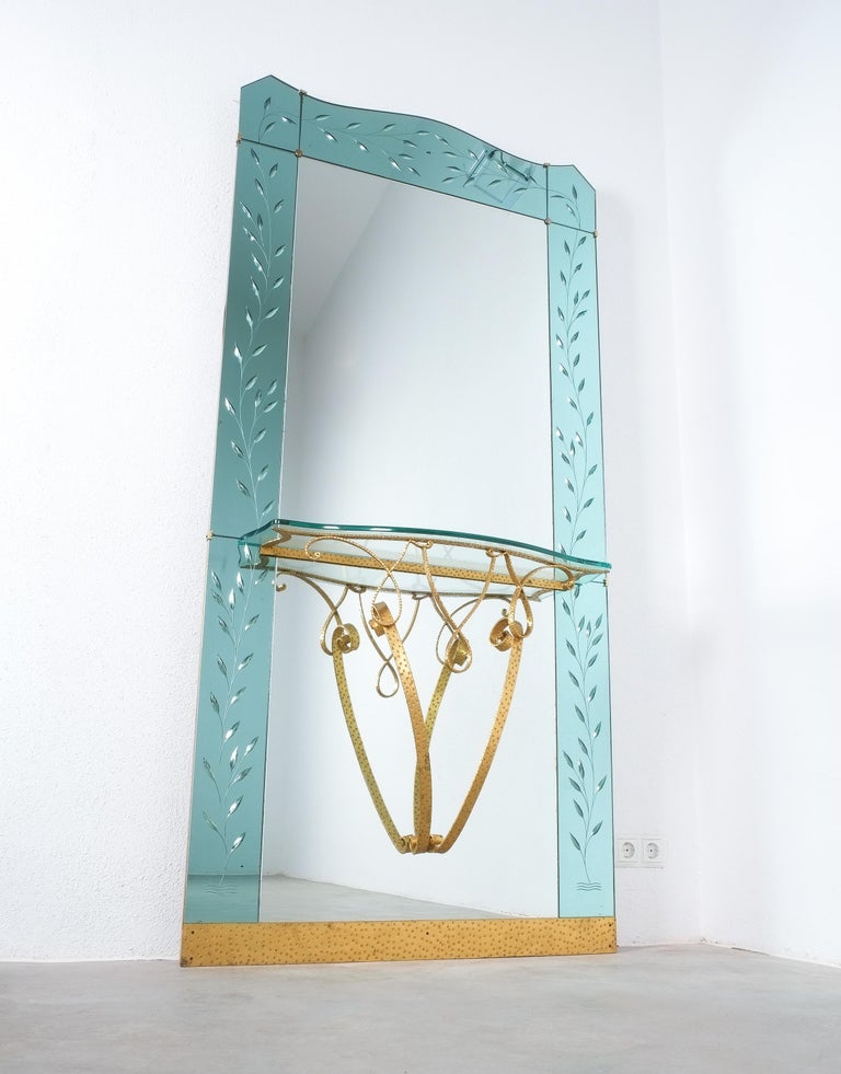 Mid Century Italian Hallway Mirror with Glass Console by Pier Luigi