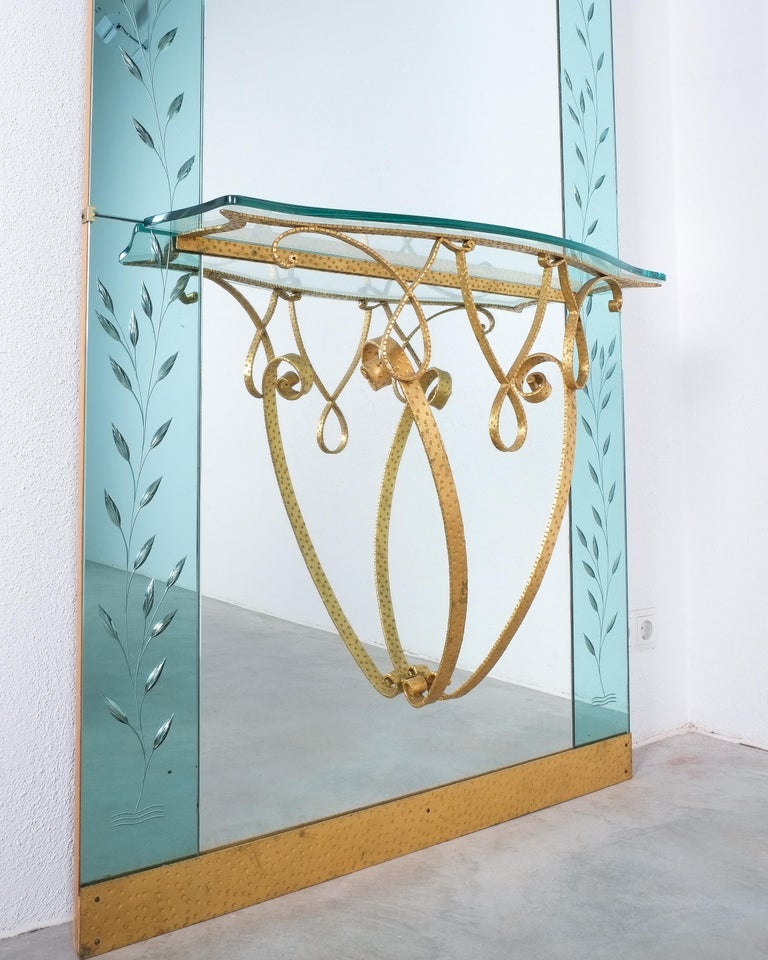 Mid Century Italian Hallway Mirror with Glass Console by Pier Luigi