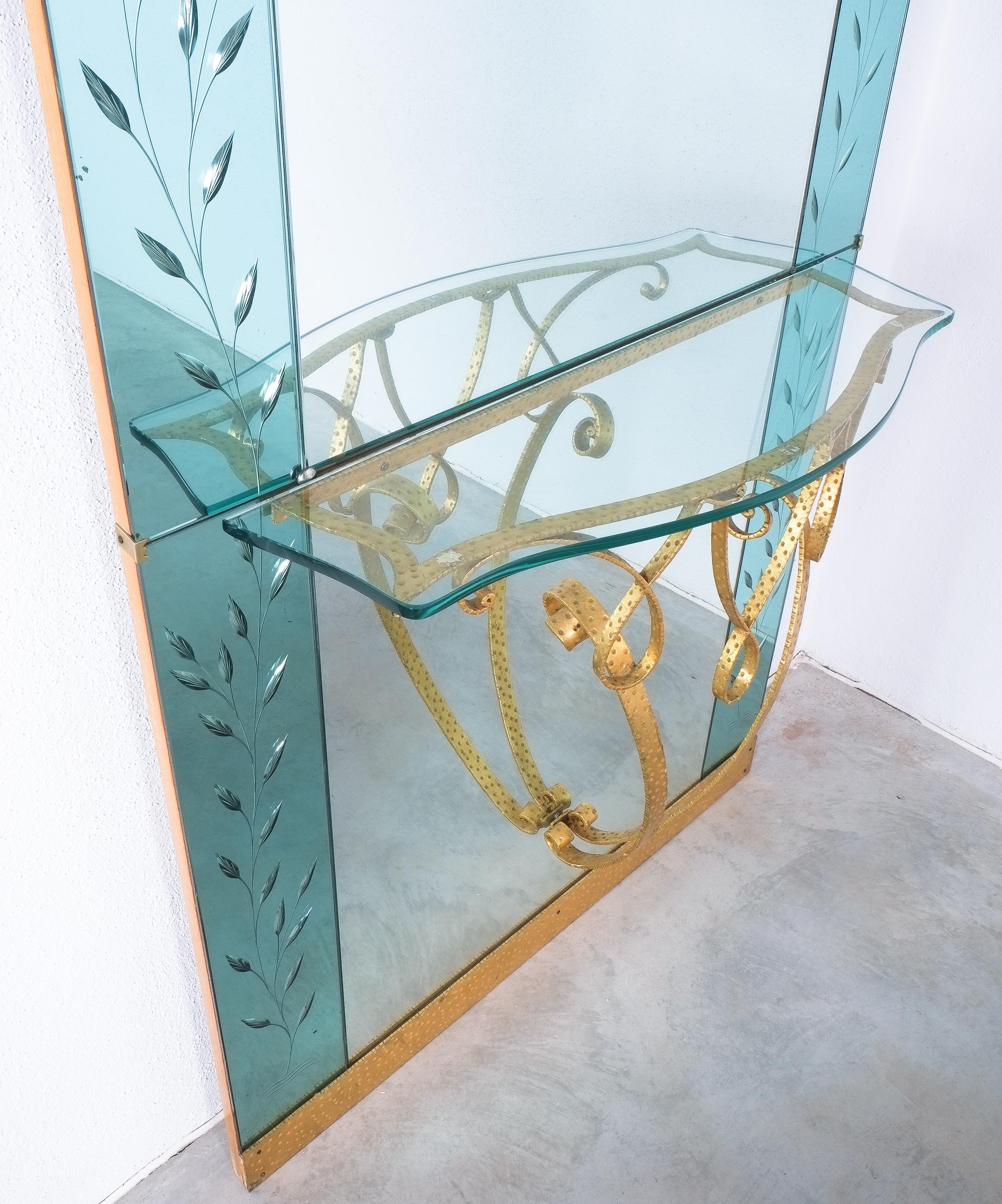 Iron Mid Century Italian Hallway Mirror with Glass Console by Pier Luigi Colli