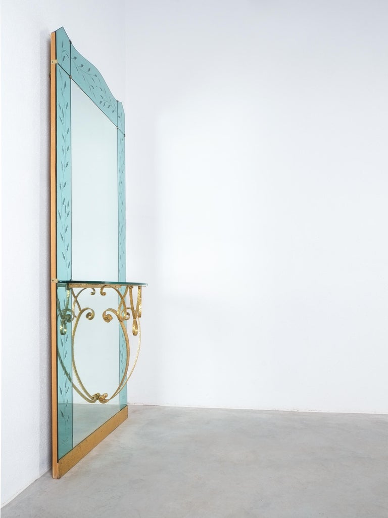 Mid Century Italian Hallway Mirror with Glass Console by Pier Luigi