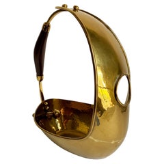 Mid-Century Italian Hammered Brass and Rosewood Wine Bottle Cradle, c. 1960