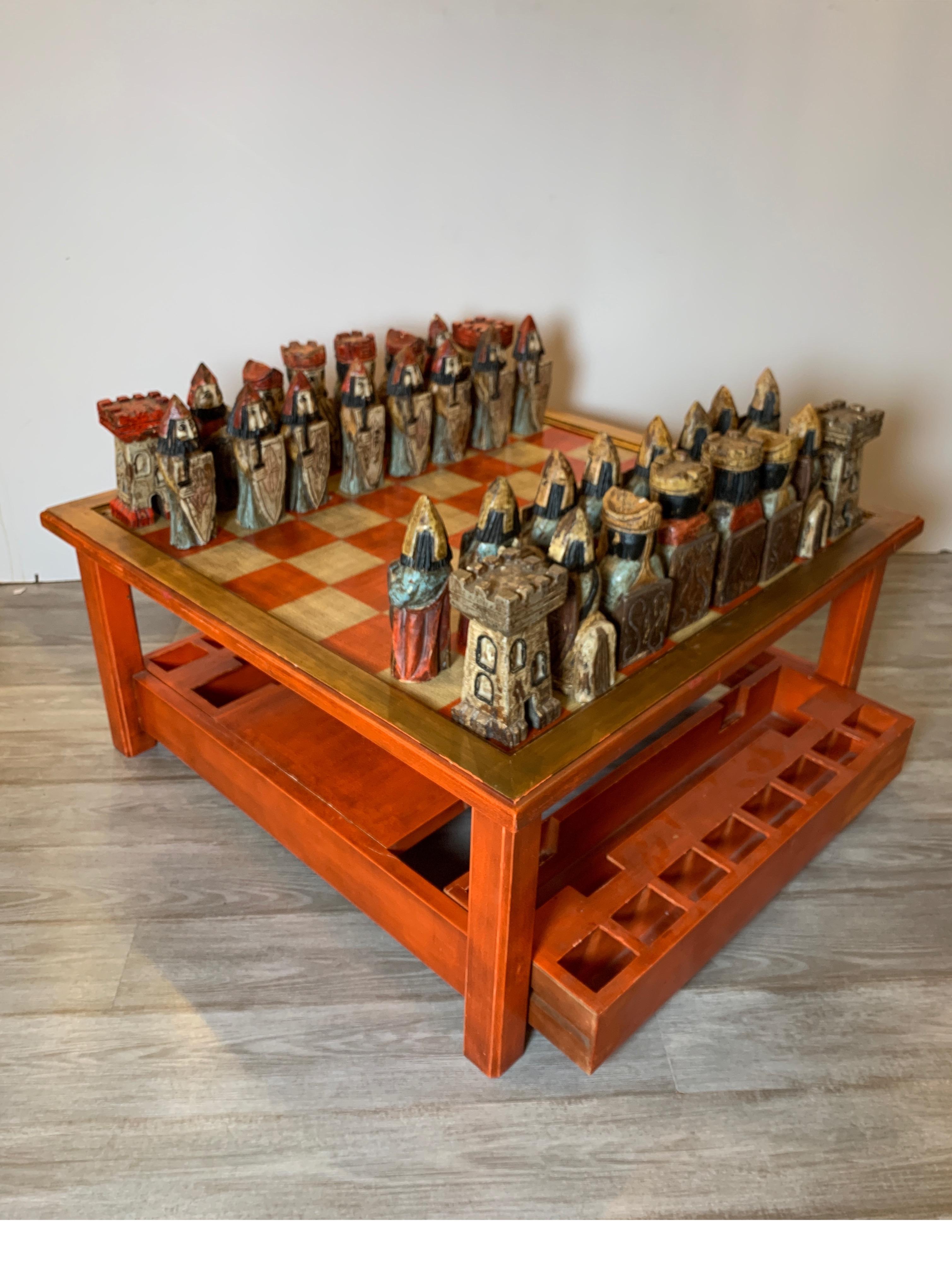 Midcentury Italian Hand Carved and Painted Medieval Style Chess Set and Table 7