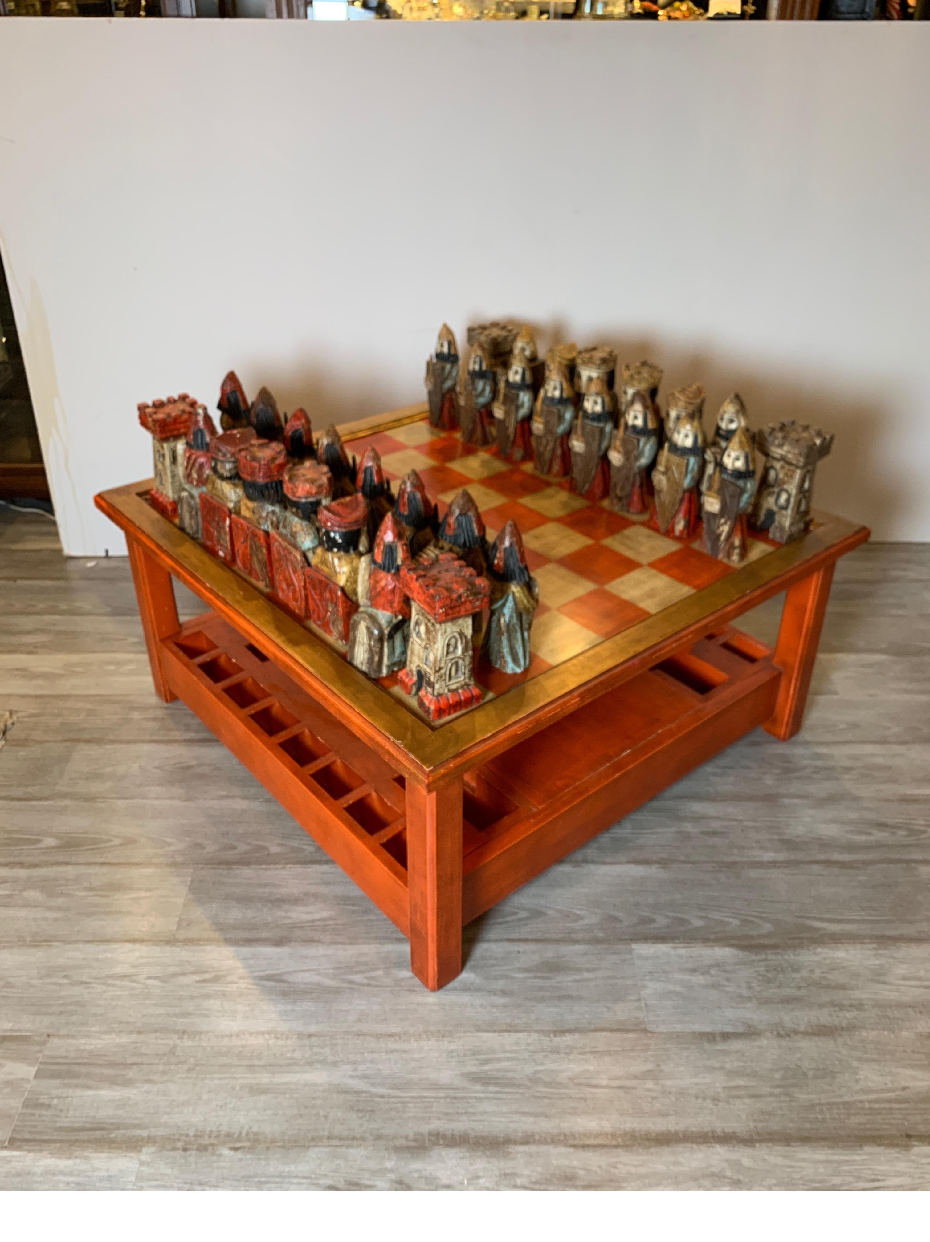 Midcentury Italian Hand Carved and Painted Medieval Style Chess Set and Table 8