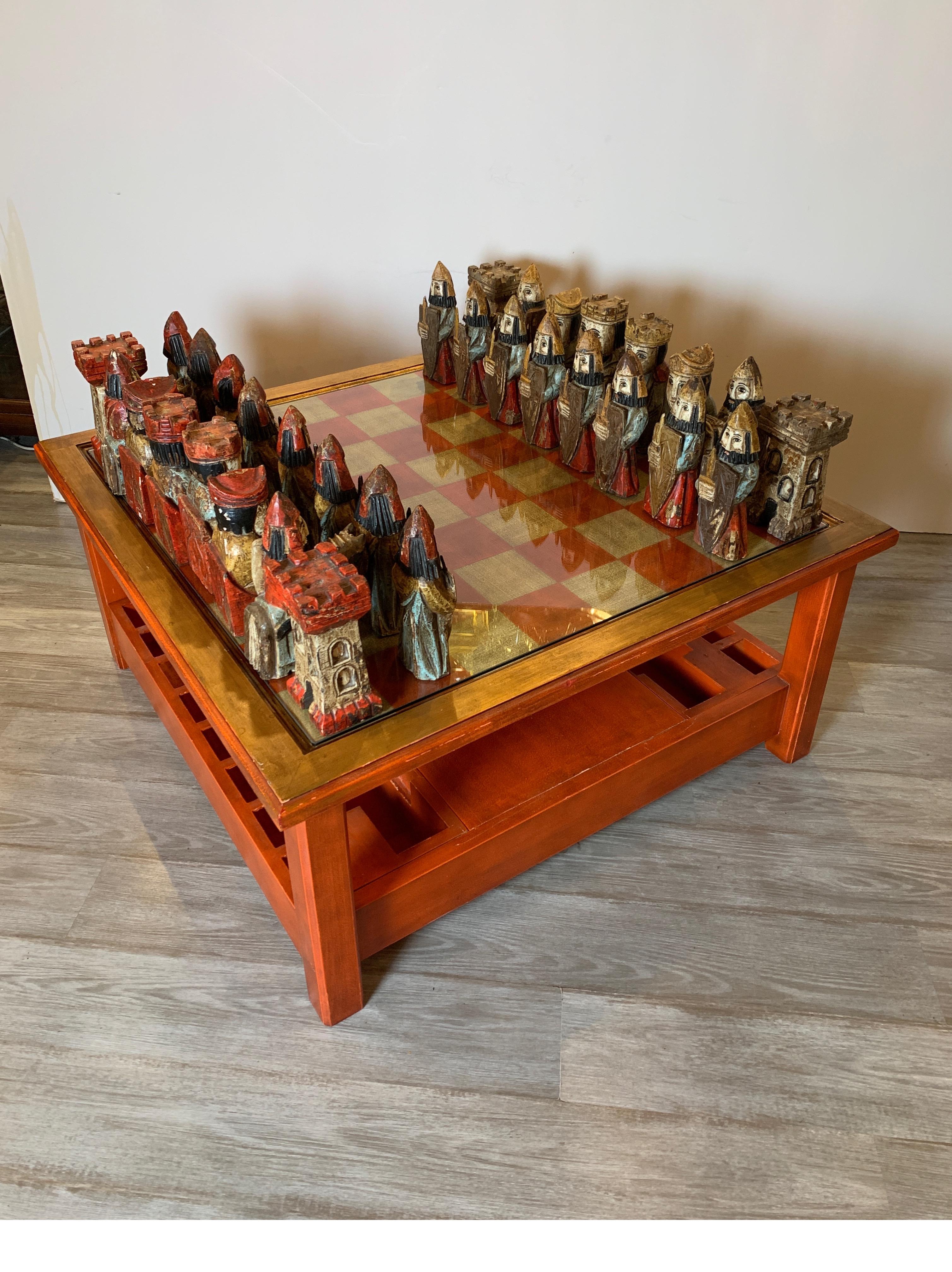 Midcentury Italian Hand Carved and Painted Medieval Style Chess Set and Table 9