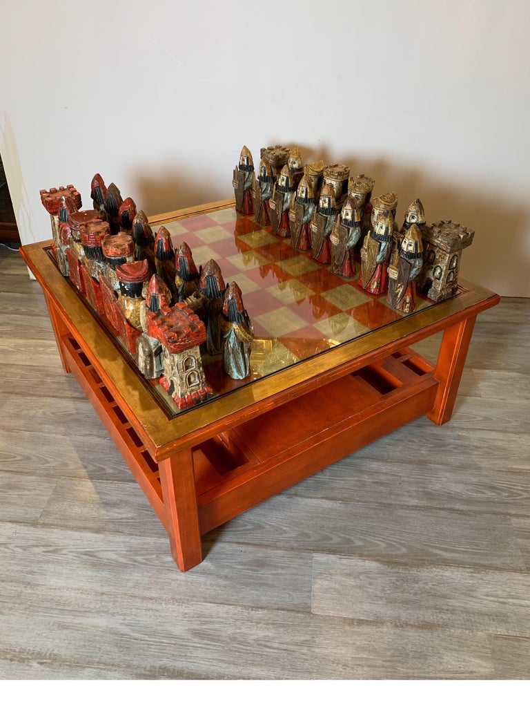 Midcentury Italian Hand Carved and Painted Medieval Style Chess Set and