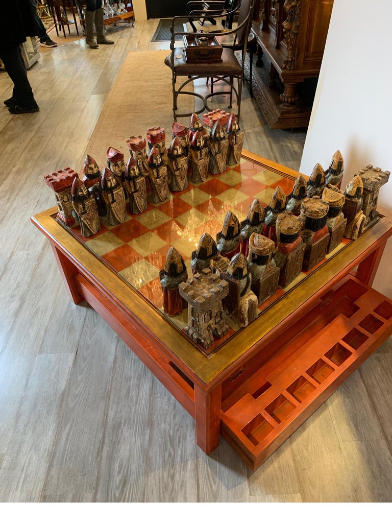 Midcentury Italian Hand Carved and Painted Medieval Style Chess Set and