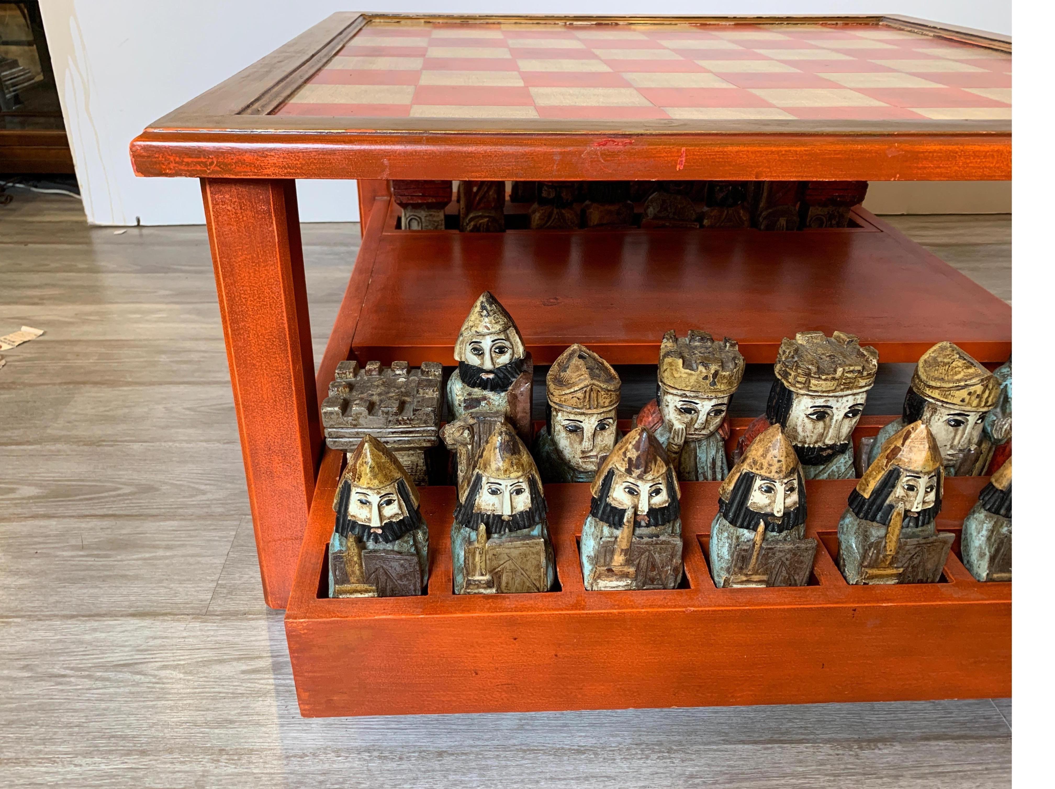 Midcentury Italian Hand Carved and Painted Medieval Style Chess Set and Table In Good Condition In Lambertville, NJ