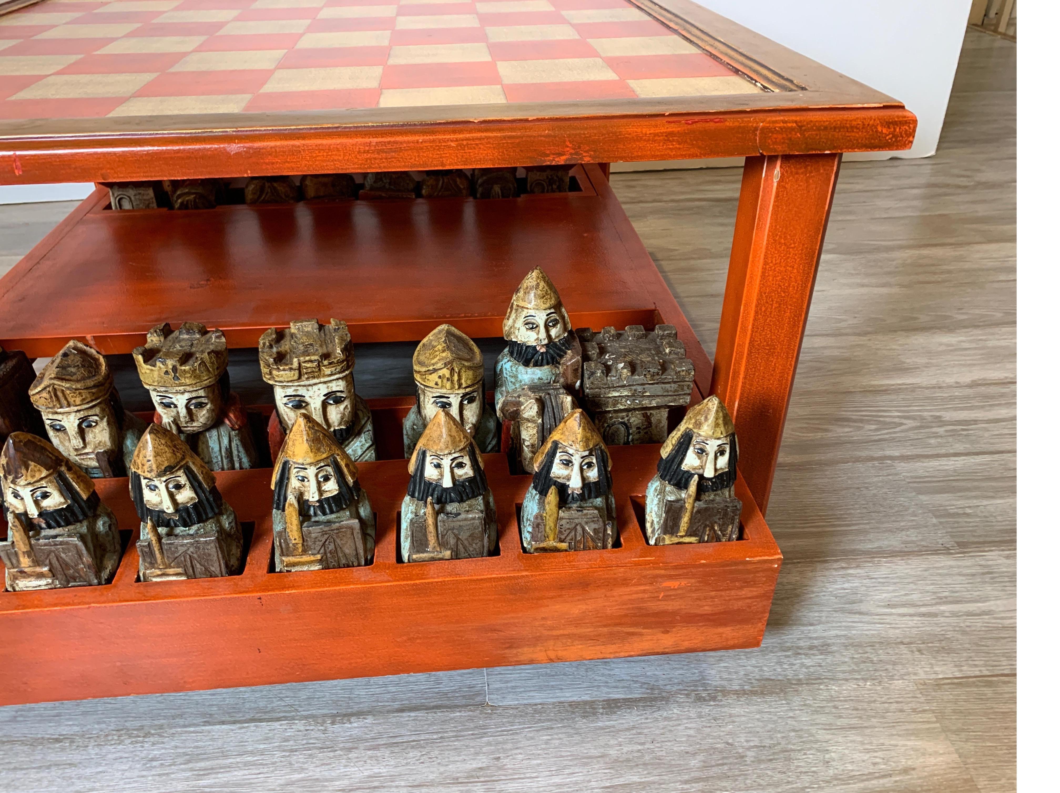 Mid-20th Century Midcentury Italian Hand Carved and Painted Medieval Style Chess Set and Table
