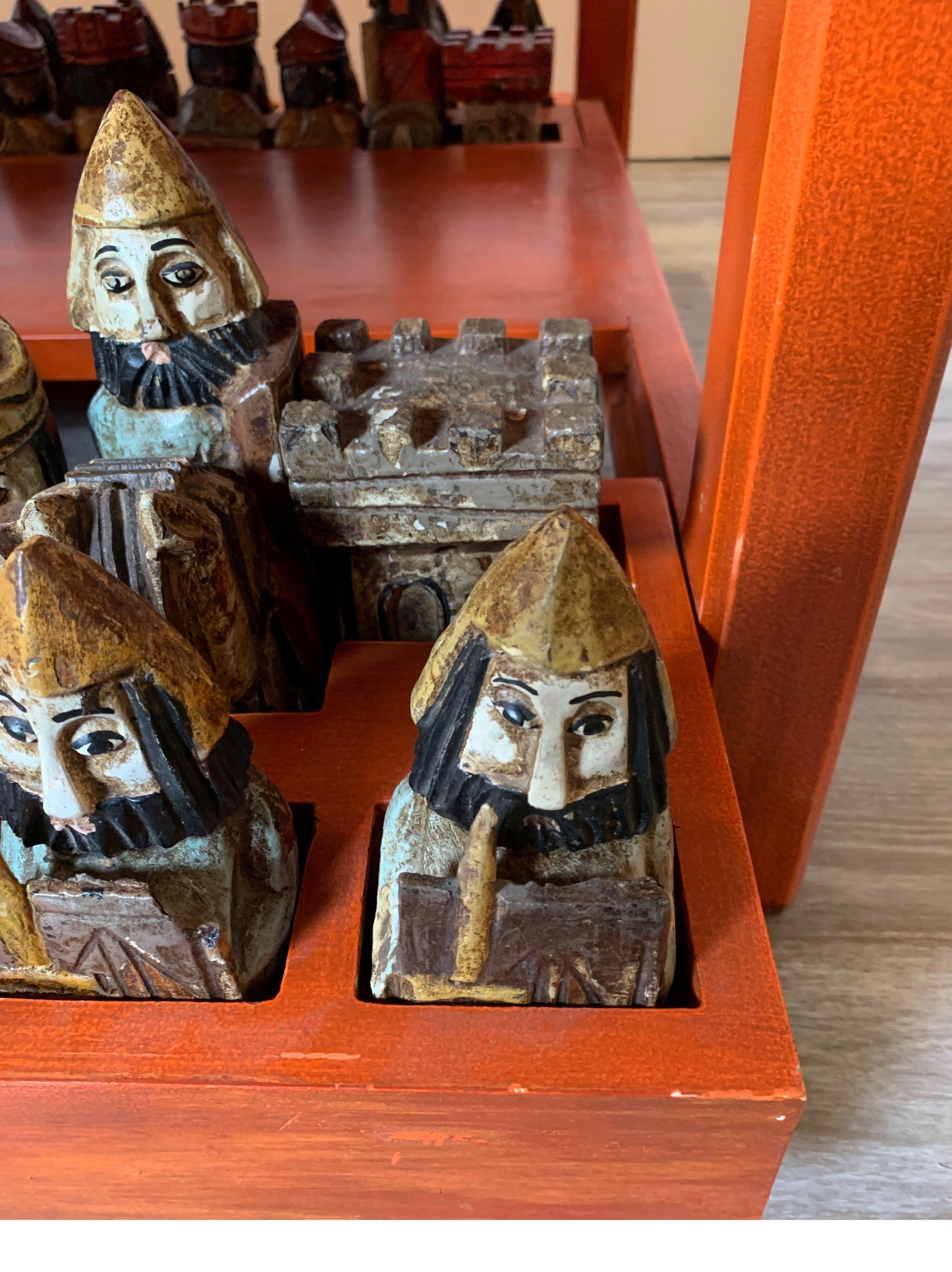 Wood Midcentury Italian Hand Carved and Painted Medieval Style Chess Set and Table