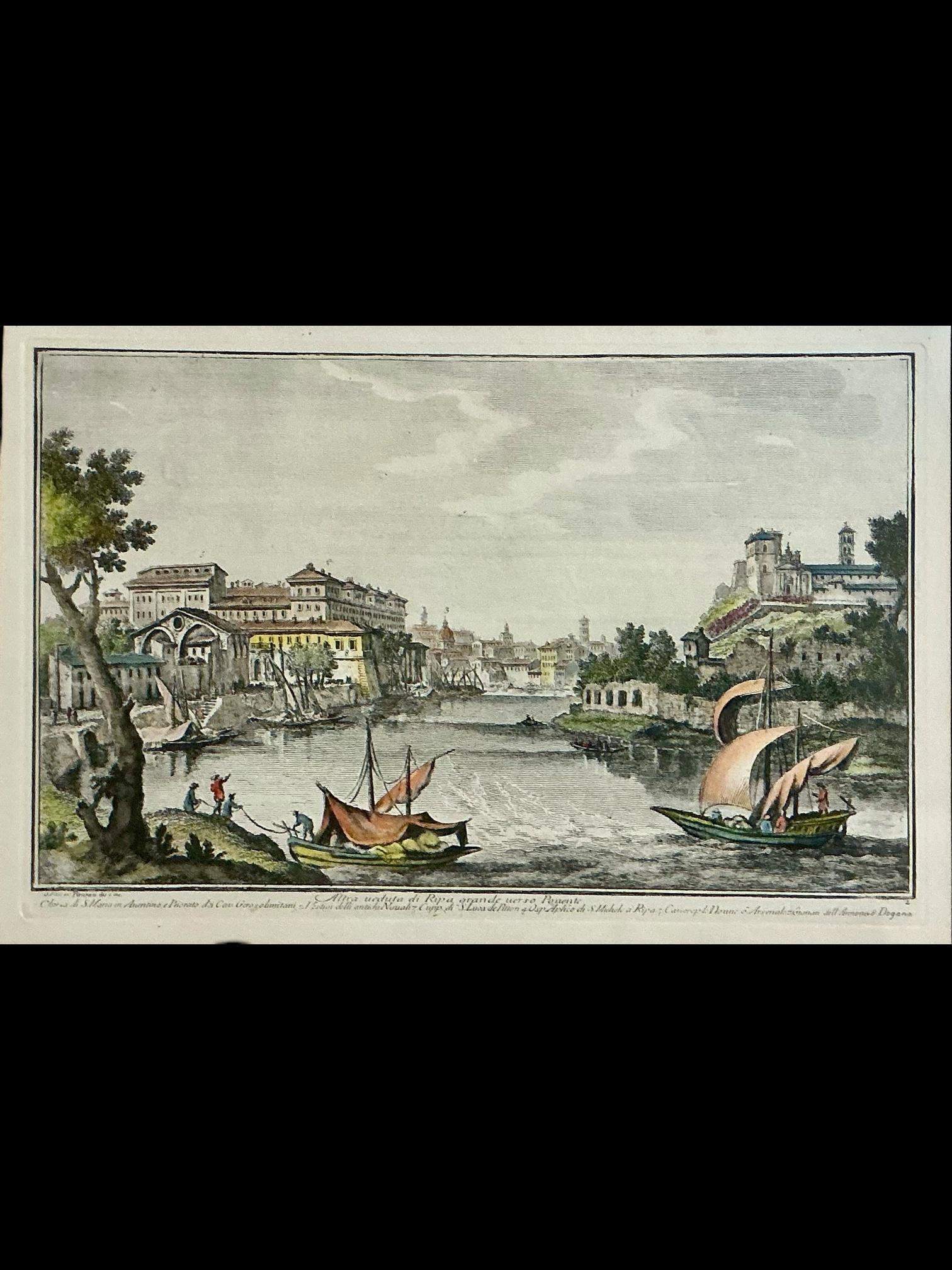 Dies ist eine schöne Reihe von italienischen Hand koloriert Stiche mit einem Leinen-Mattierung gerahmt. Die Rahmen sind ein bemaltes und geschnitztes Geschenk Holz. Sie zeigen malerische Ansichten von Rom. Das Bild ist 12 