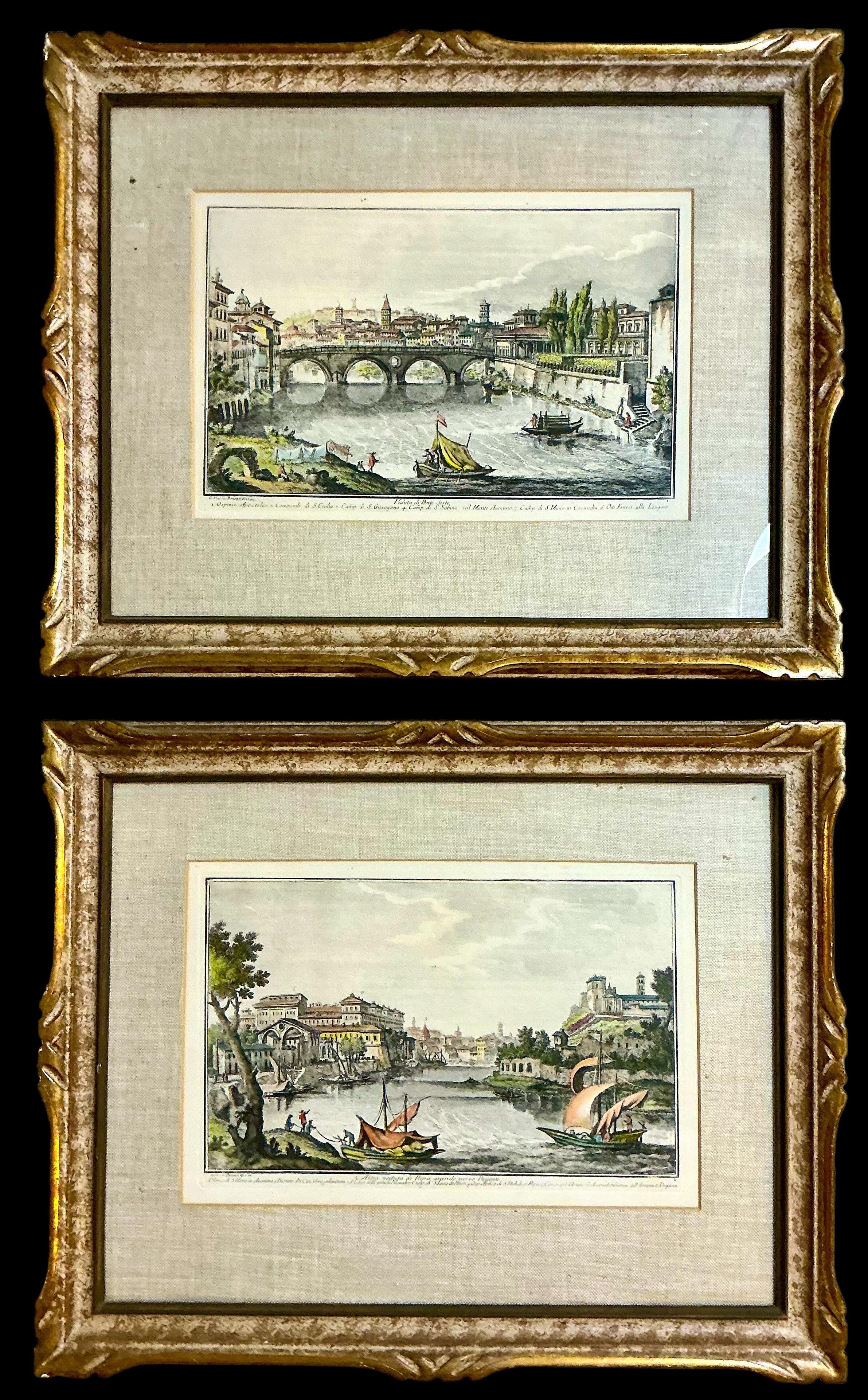 Italienische handkolorierte Gravuren von Rom aus der Mitte des Jahrhunderts – gerahmtes vergoldetes Holz / Leinen (20. Jahrhundert) im Angebot