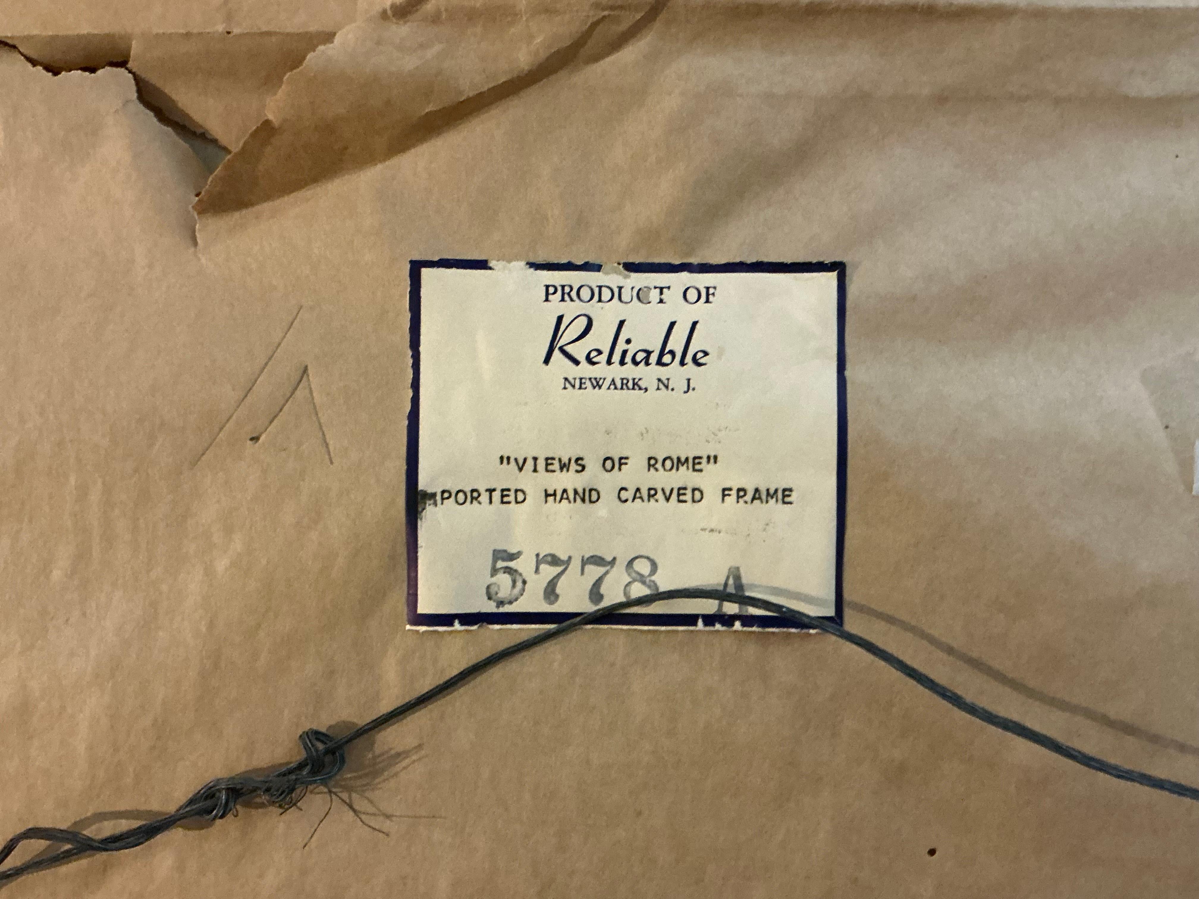 Italienische handkolorierte Gravuren von Rom aus der Mitte des Jahrhunderts – gerahmtes vergoldetes Holz / Leinen im Angebot 1