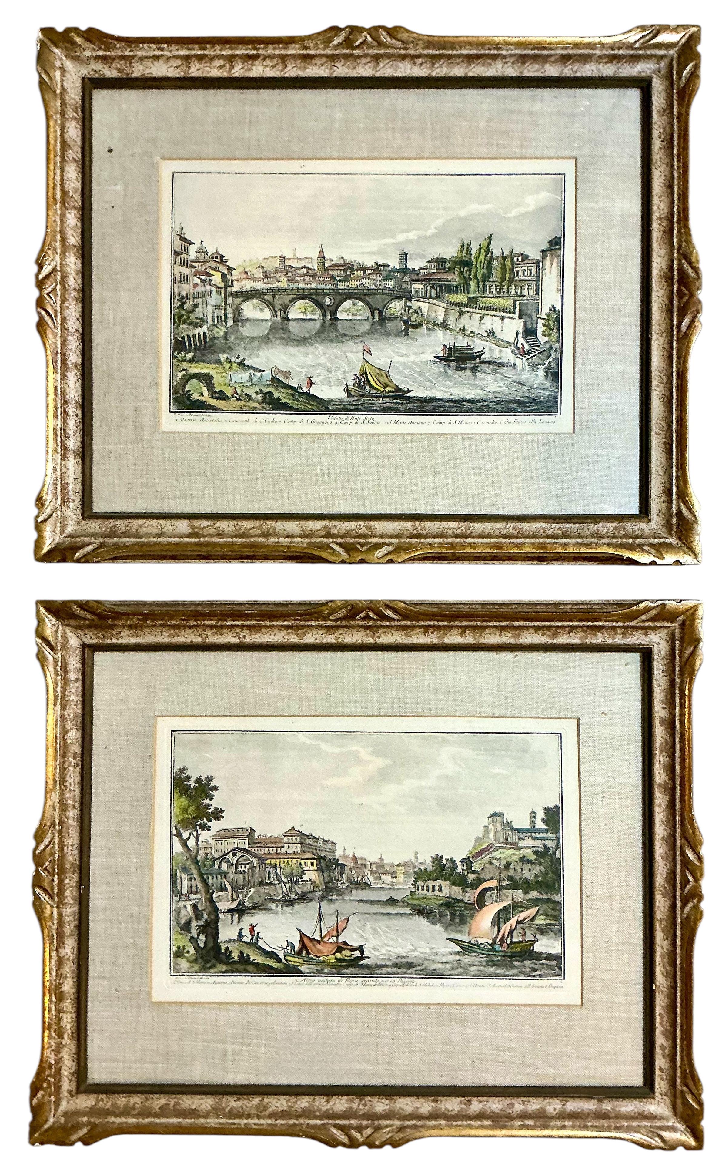 Italienische handkolorierte Gravuren von Rom aus der Mitte des Jahrhunderts – gerahmtes vergoldetes Holz / Leinen im Angebot 3