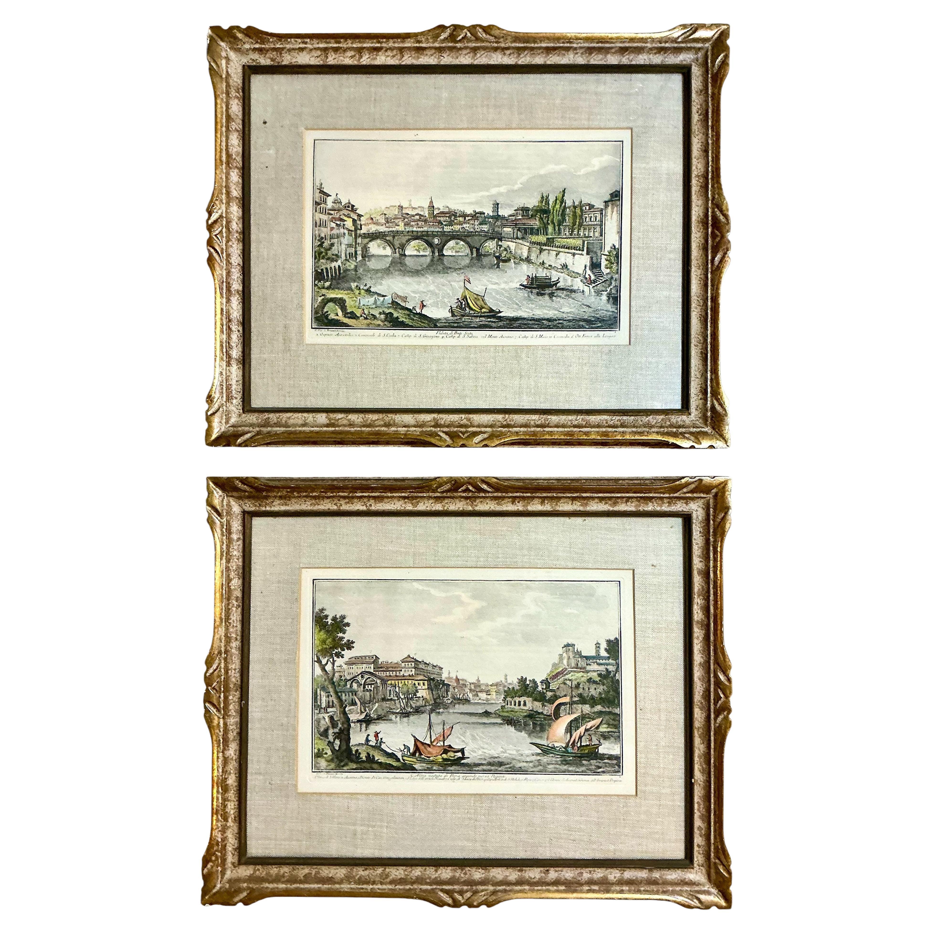 Mid-Century Italian Hand Colored Engravings Of Rome - Framed Giltwood / Linen