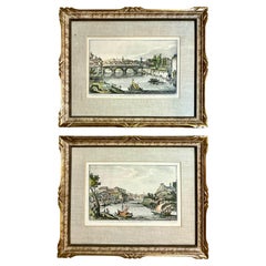 Grabados Italianos de Roma Coloreados a Mano de Mediados de Siglo - Enmarcado Giltwood / Lino