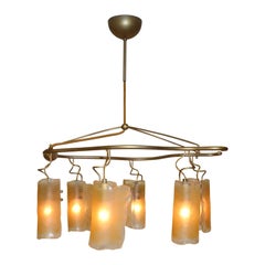 Midcentury Italian Handcrafted Pendant Light Amber Glass Antique Brass Finish