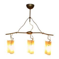 Midcentury Italian Hand-Crafted Pendant Light Amber Glass Antique Brass Finish
