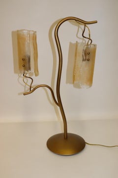 Mid-Century Italian Handcrafted Table Lamp Amber Glass with Antique Brass Finish