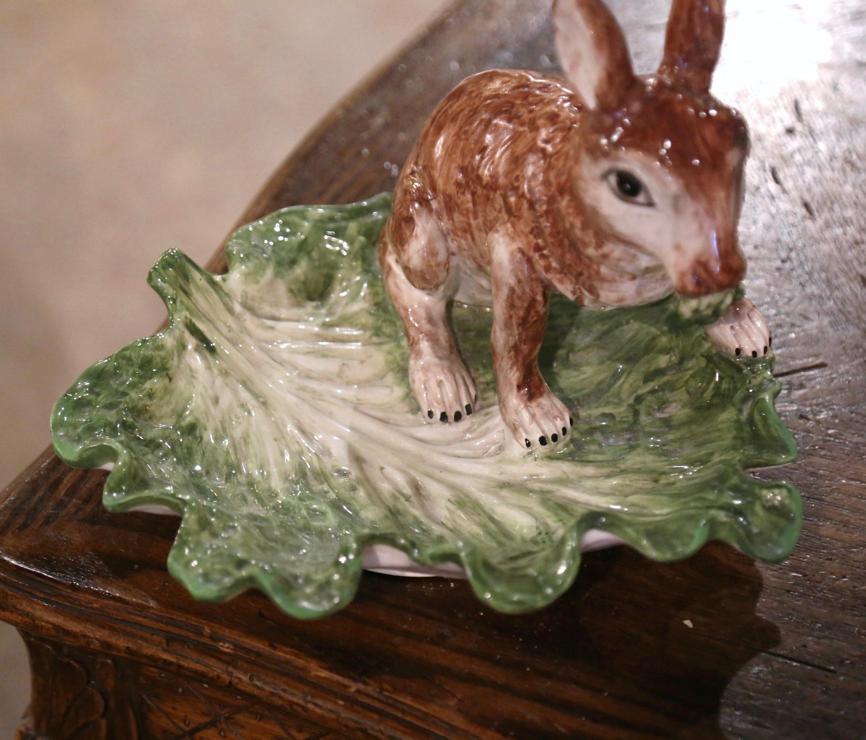 Hand-Crafted Mid-Century Italian Hand Painted Barbotine Faience Dish with Rabbit & Leaf Motif