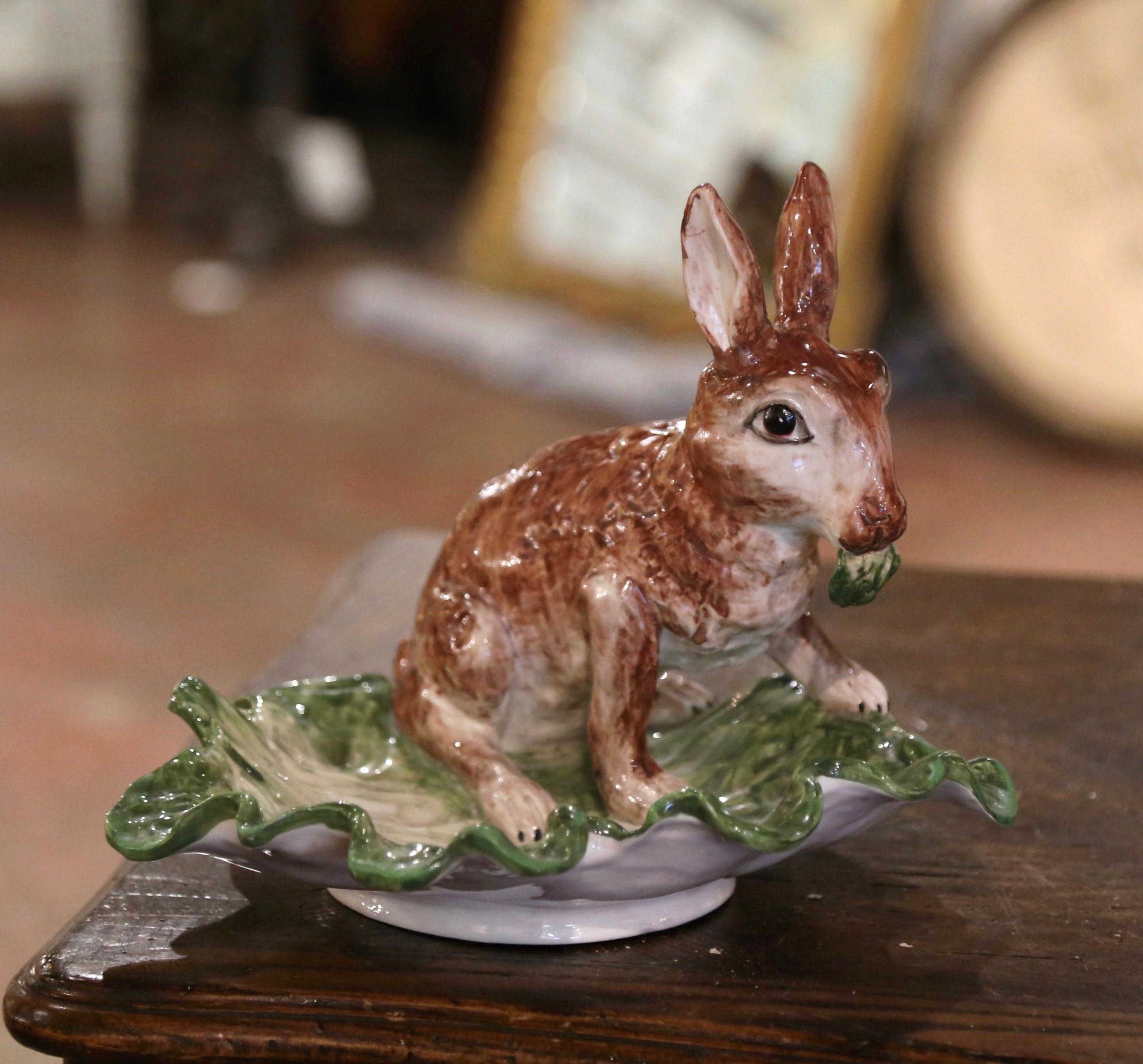 20th Century Mid-Century Italian Hand Painted Barbotine Faience Dish with Rabbit & Leaf Motif