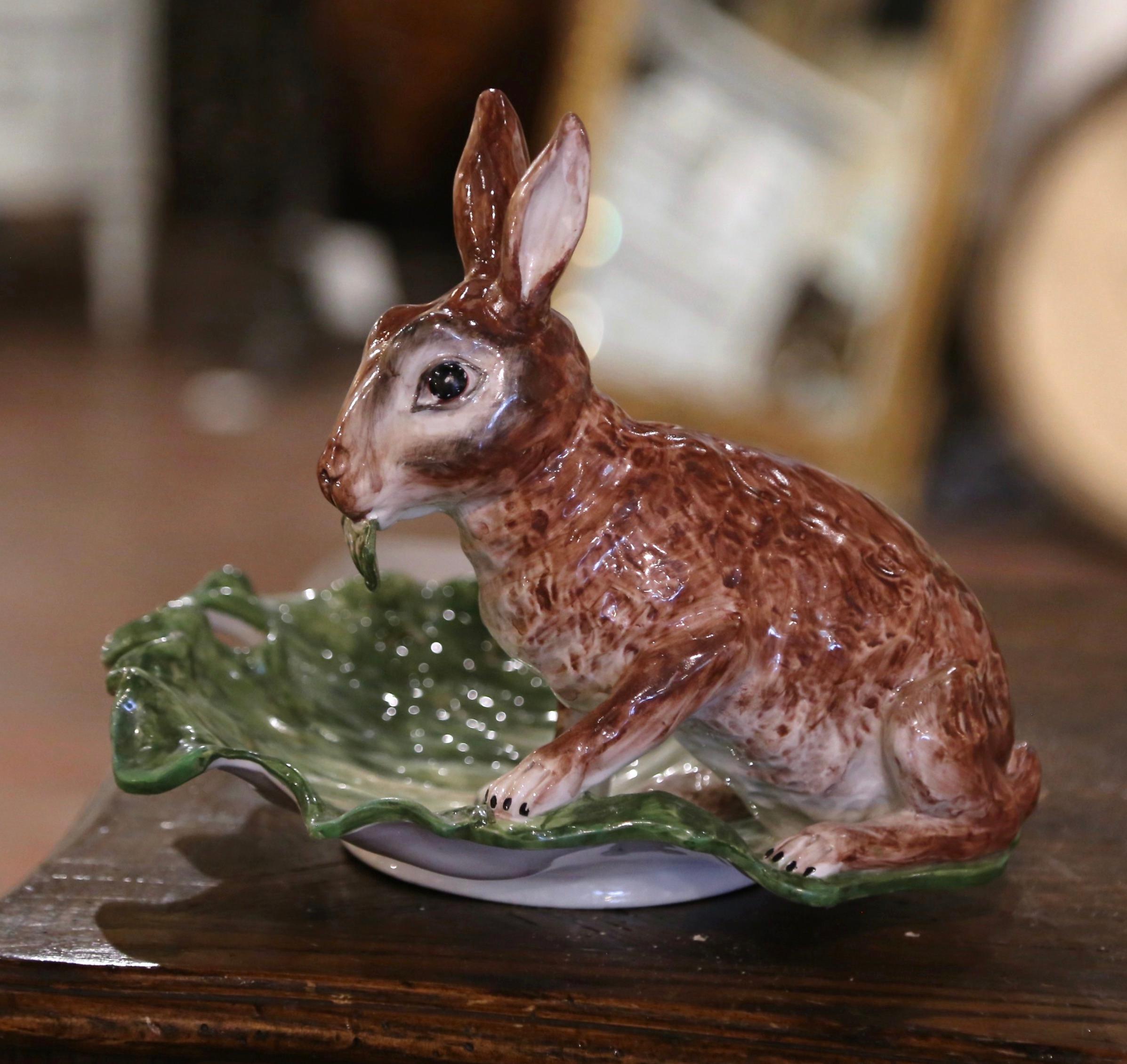 Ceramic Mid-Century Italian Hand Painted Barbotine Faience Dish with Rabbit & Leaf Motif