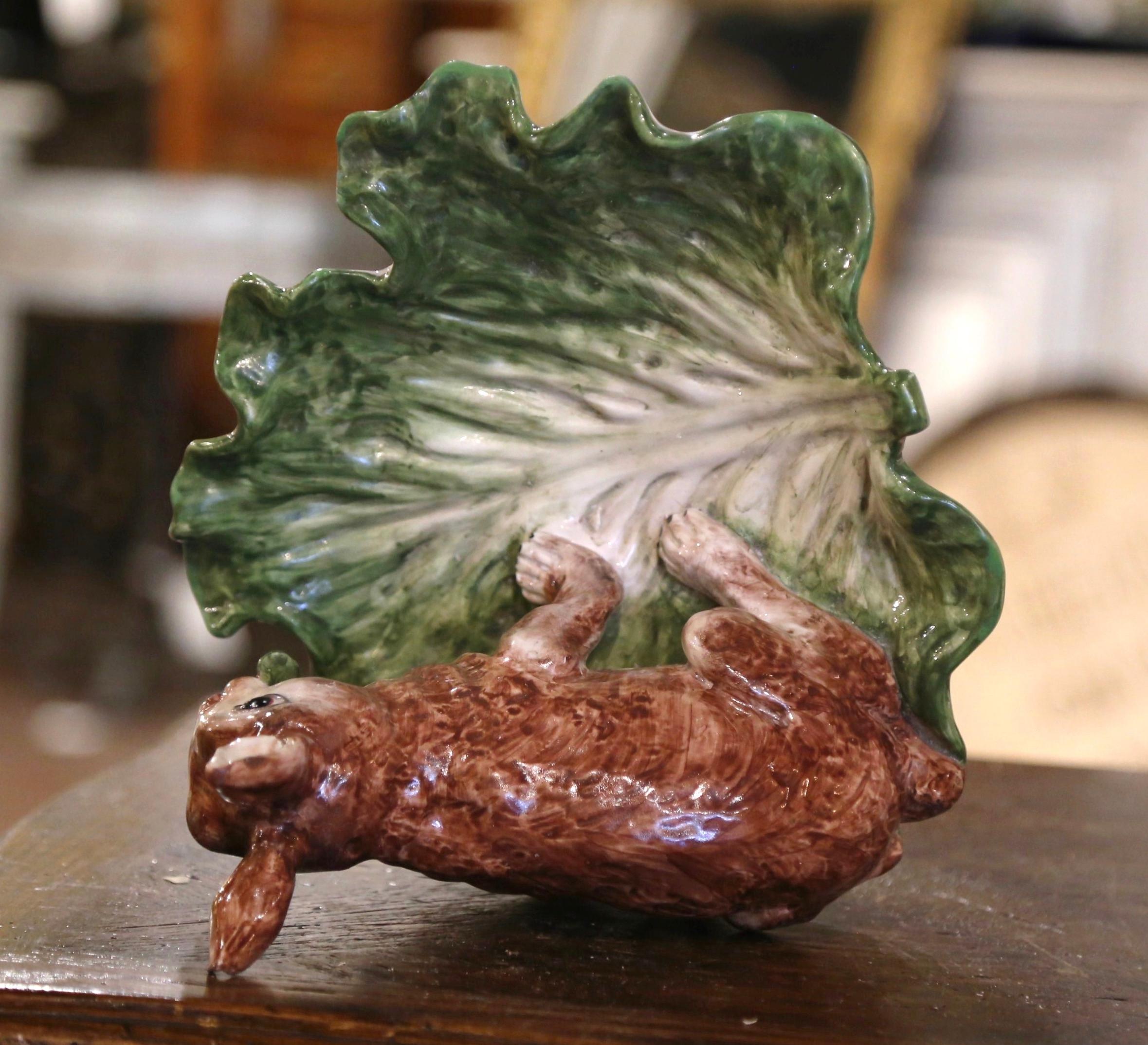 Mid-Century Italian Hand Painted Barbotine Faience Dish with Rabbit & Leaf Motif 3