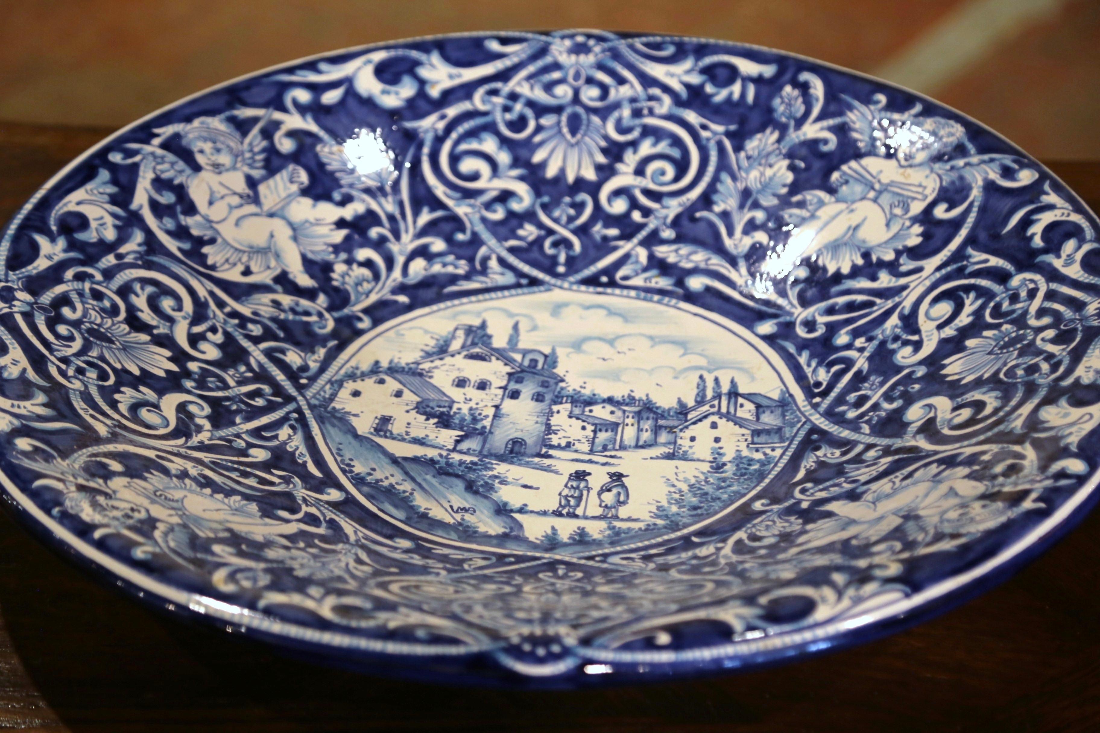 Mid-Century Italian Hand Painted Blue and White Faience Platter Delft Style For Sale 4