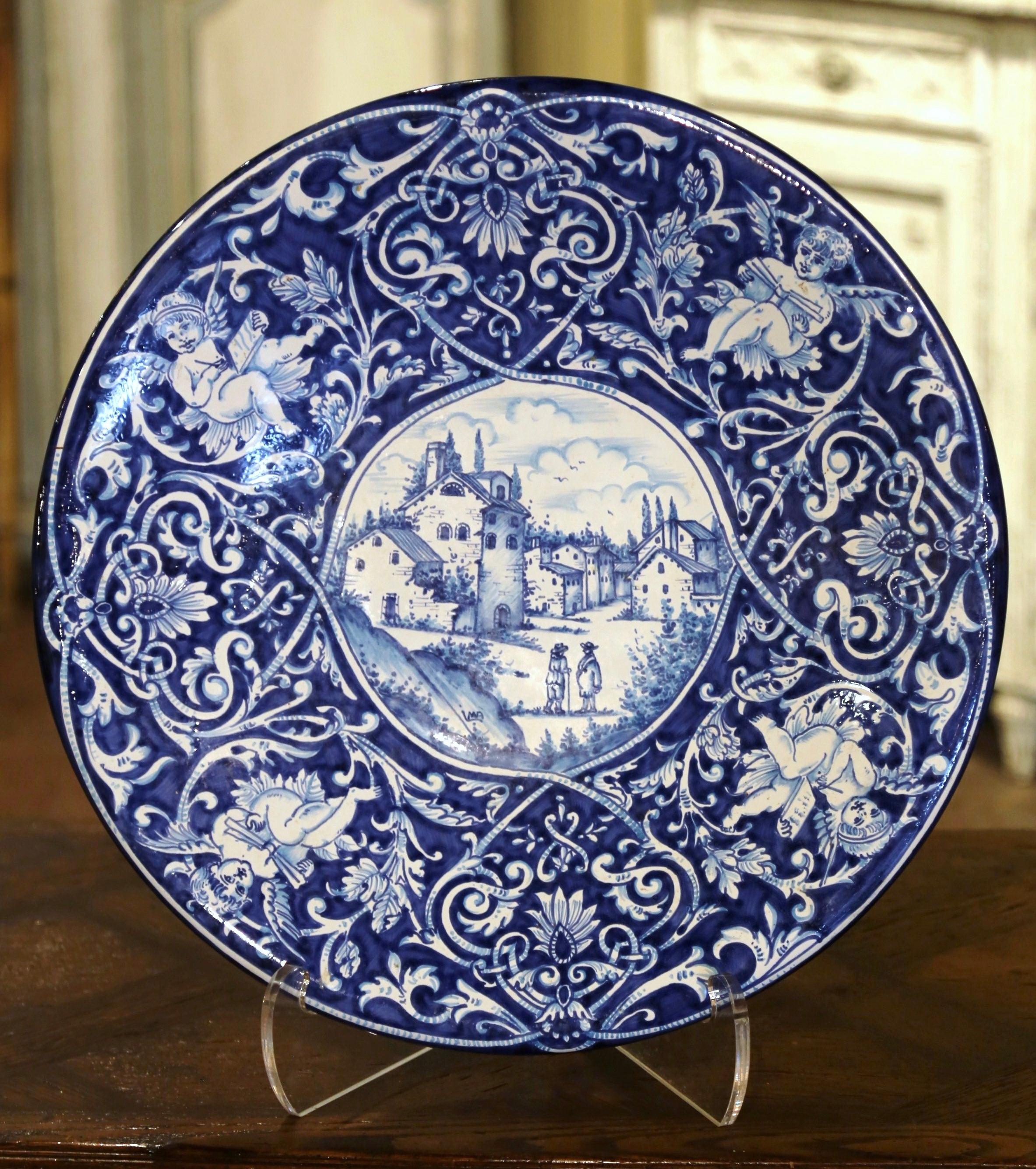 Mid-Century Italian Hand Painted Blue and White Faience Platter Delft Style In Excellent Condition For Sale In Dallas, TX