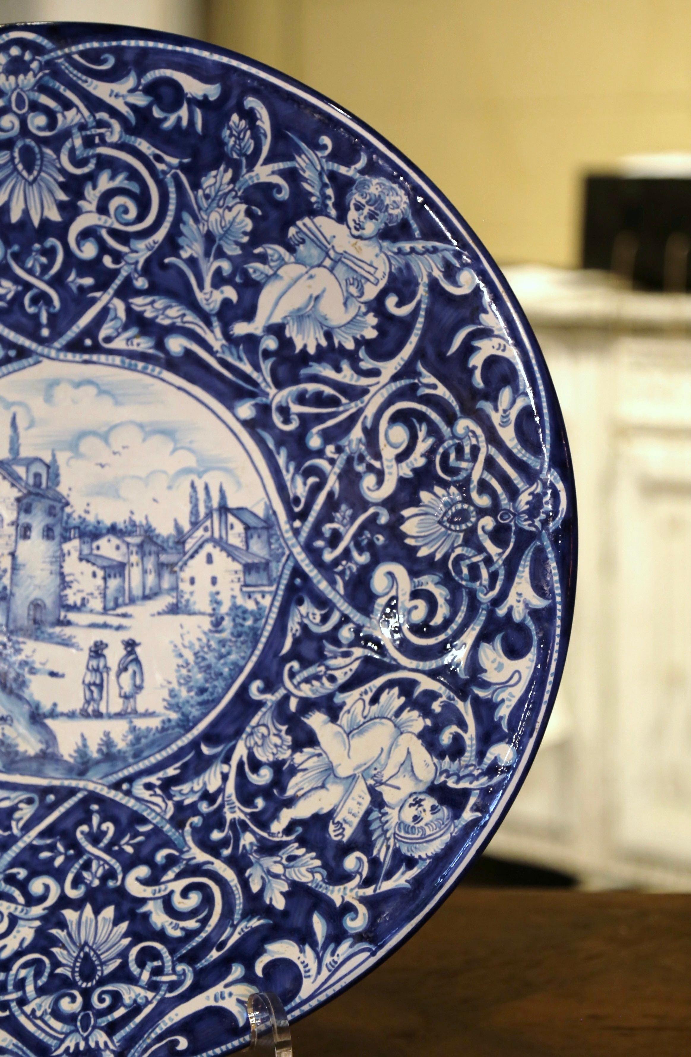 Ceramic Mid-Century Italian Hand Painted Blue and White Faience Platter Delft Style For Sale