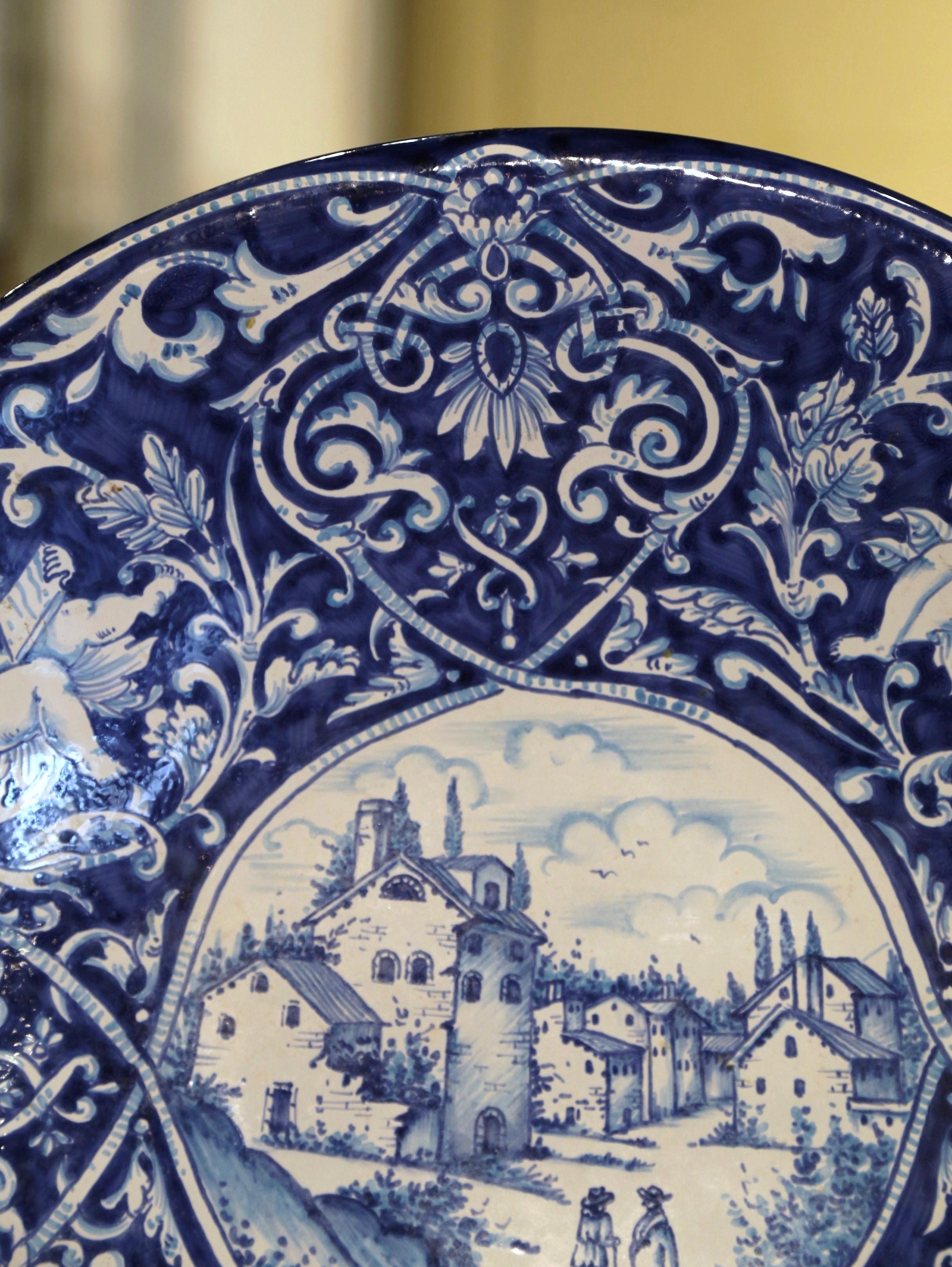 Mid-Century Italian Hand Painted Blue and White Faience Platter Delft Style For Sale 1