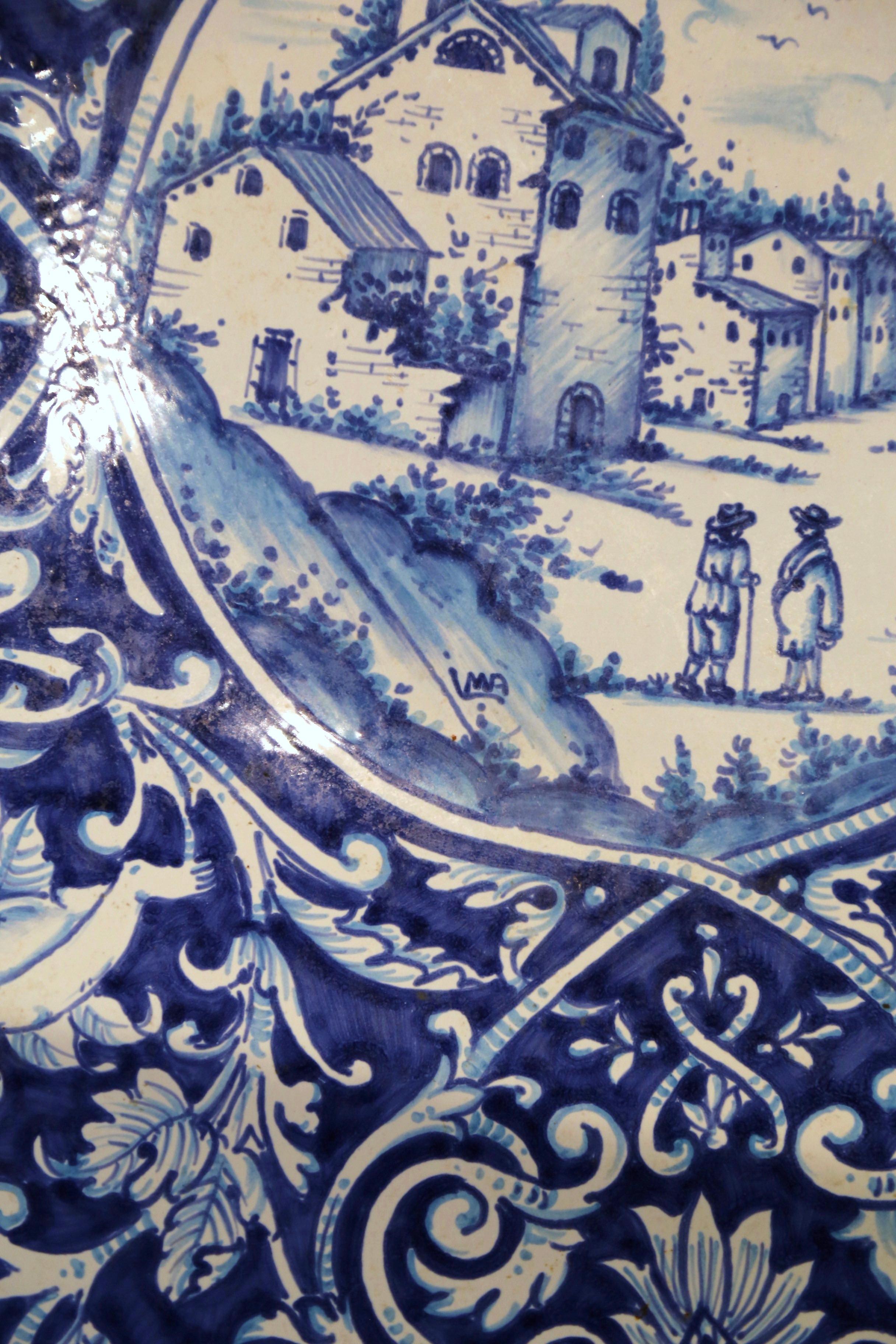 Mid-Century Italian Hand Painted Blue and White Faience Platter Delft Style For Sale 2