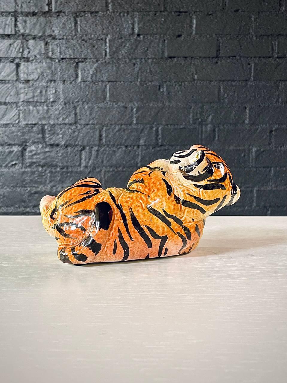 Late 20th Century Mid-Century Italian Hand Painted Ceramic Baby Tiger Sculpture For Sale