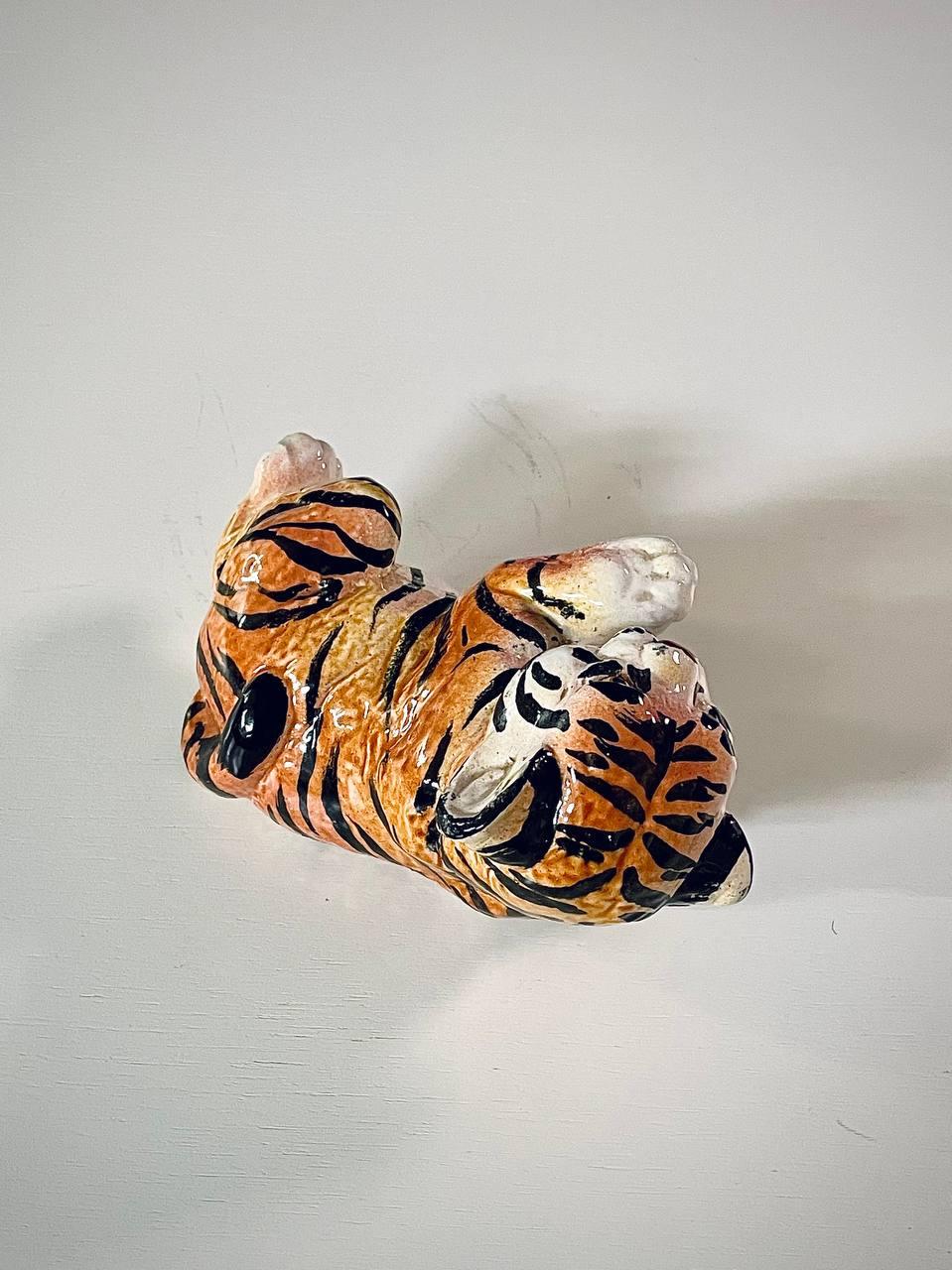 Mid-Century Italian Hand Painted Ceramic Baby Tiger Sculpture For Sale 1