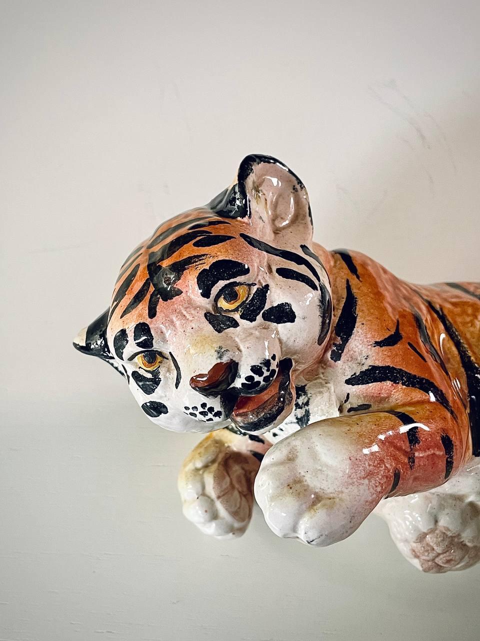 Mid-Century Italian Hand Painted Ceramic Baby Tiger Sculpture For Sale 2