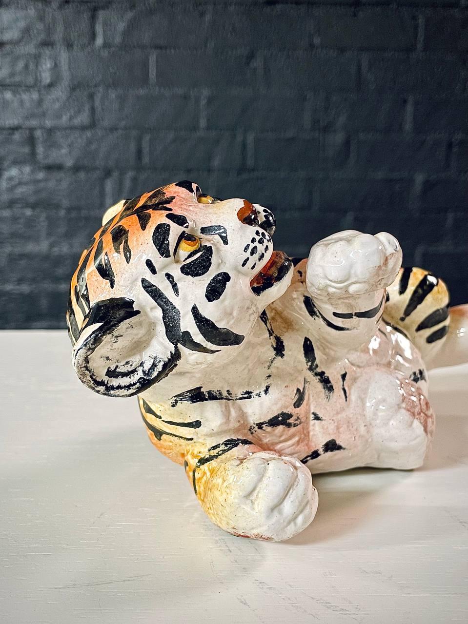 Mid-Century Italian Hand Painted Ceramic Baby Tiger Sculpture For Sale 4