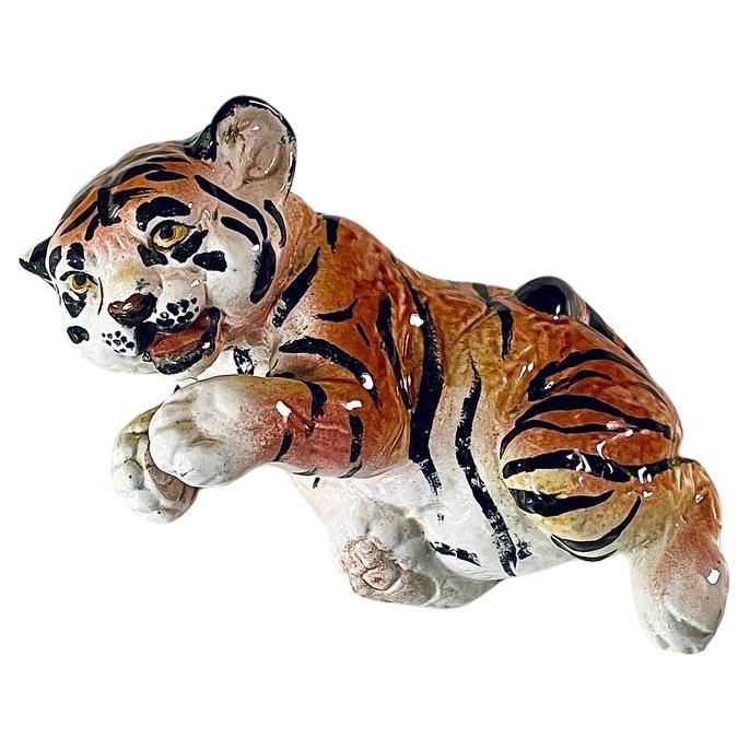 Mid-Century Italian Hand Painted Ceramic Baby Tiger Sculpture