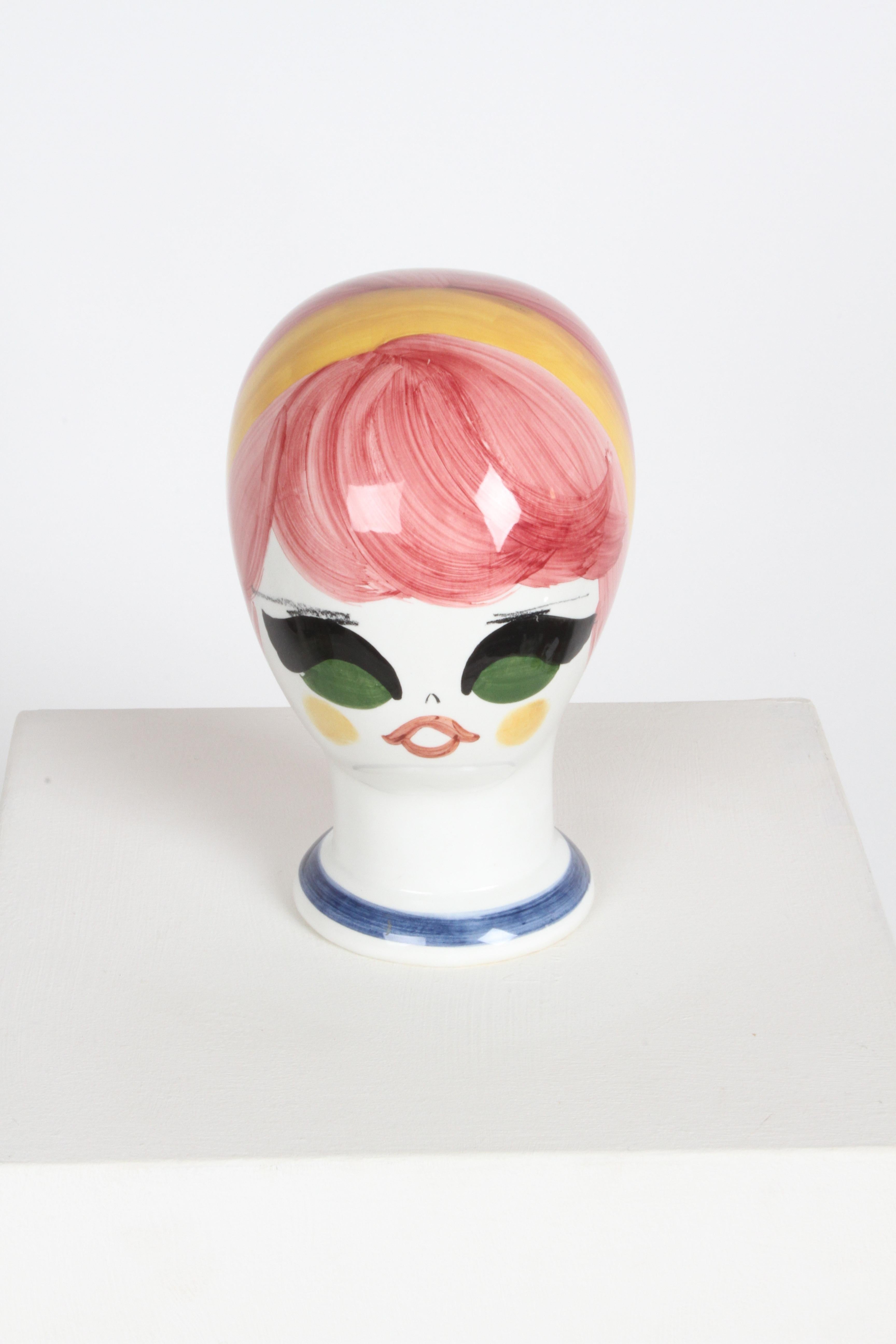 Whimsy MCM 1960s Italian hand painted female head for hats, wigs or a pure sculpture. Stamped to underside Coop Cer Art Quadrifoglio Florence Hand painted in Italy. In fine condition, no noted damage. Base is 4.5