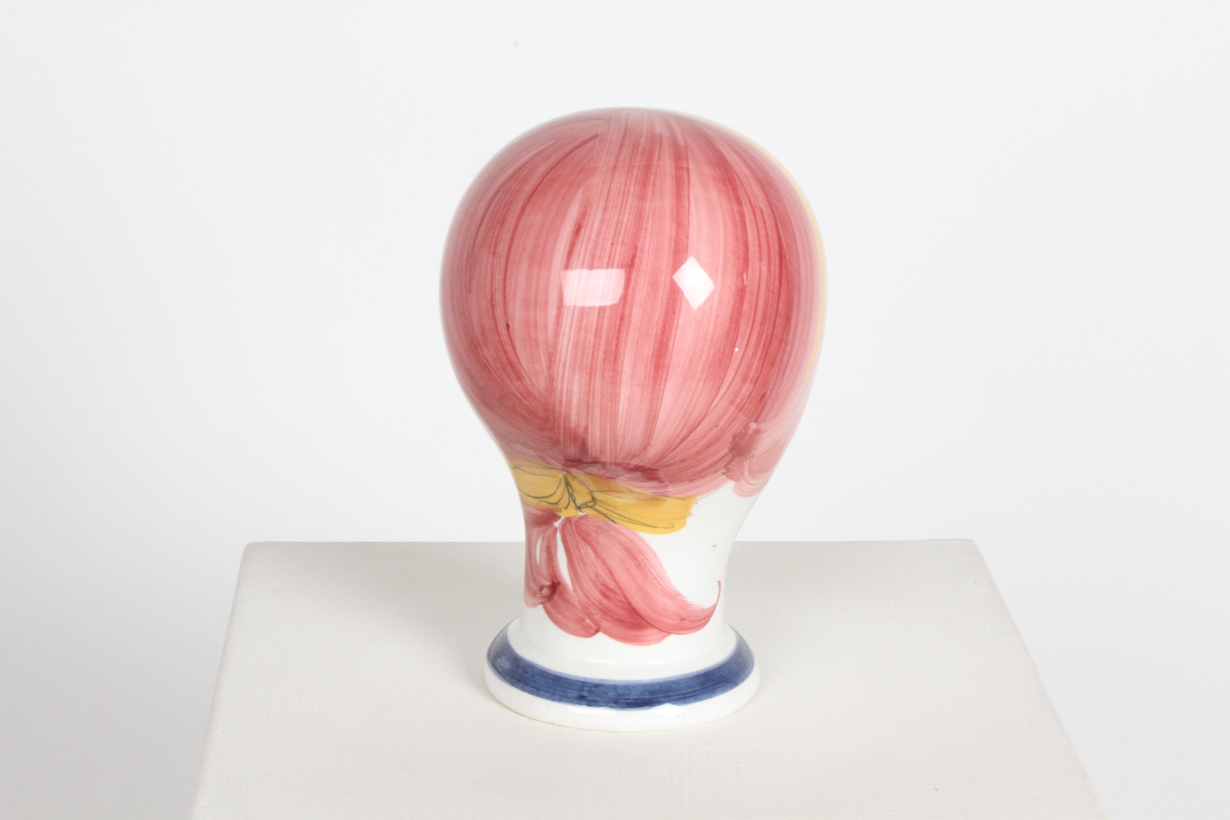 Mid-Century Italian Hand Painted Ceramic Female Head Hat / Wig Stand Sculpture  In Good Condition In St. Louis, MO