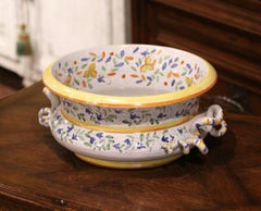Mid-Century Italian Hand Painted Faience Decorative Bowl with Foliage Decor