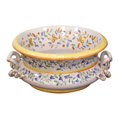 Mid-Century Italian Hand Painted Faience Decorative Bowl with Foliage Decor