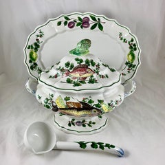 Midcentury Italian Hand Painted Fish and Fruit Tureen with Ladle & Under Platter